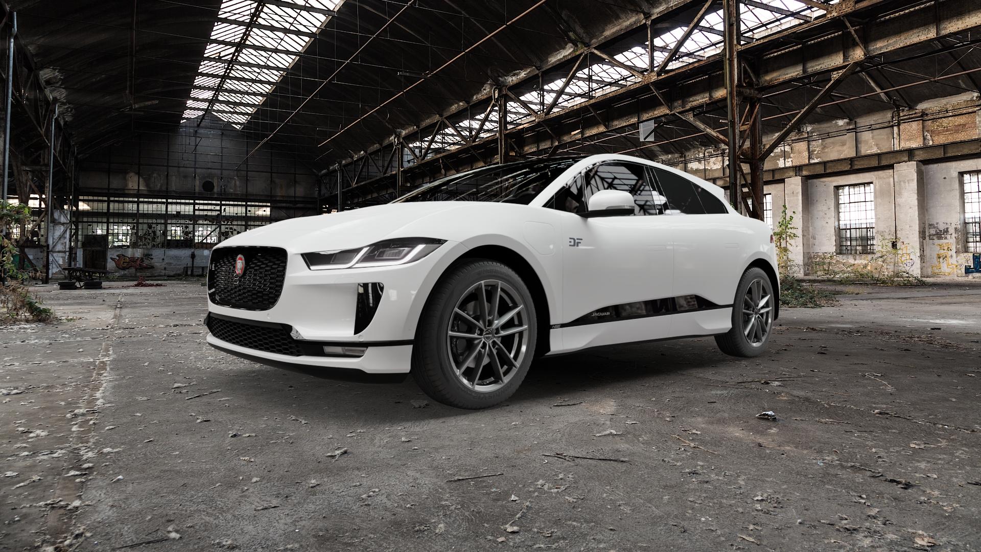 Borbet W mistral anthracite glossy Felge mit Reifen grau in 19Zoll Winterfelge Alufelge auf weissem Jaguar i-Pace ⬇️ mit 15mm Tieferlegung ⬇️ Old Industrial Hall_max5000mm_2022 Frontansicht_1