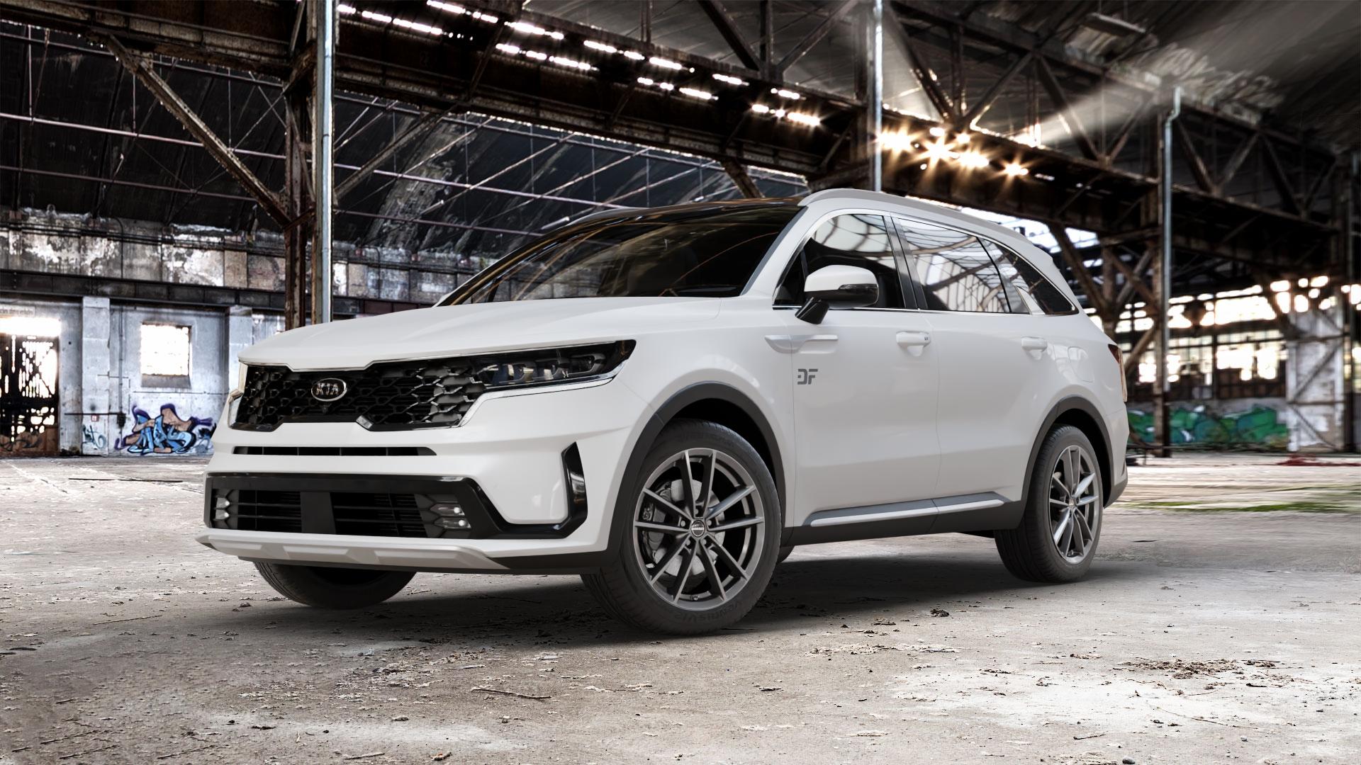Borbet W mistral anthracite glossy Felge mit Reifen grau in 19Zoll Winterfelge Alufelge auf weissem Kia Sorento IV Typ MQ4 ⬇️ mit 15mm Tieferlegung ⬇️ Old Industrial Hall_max_5300mm_2024 Frontansicht_1