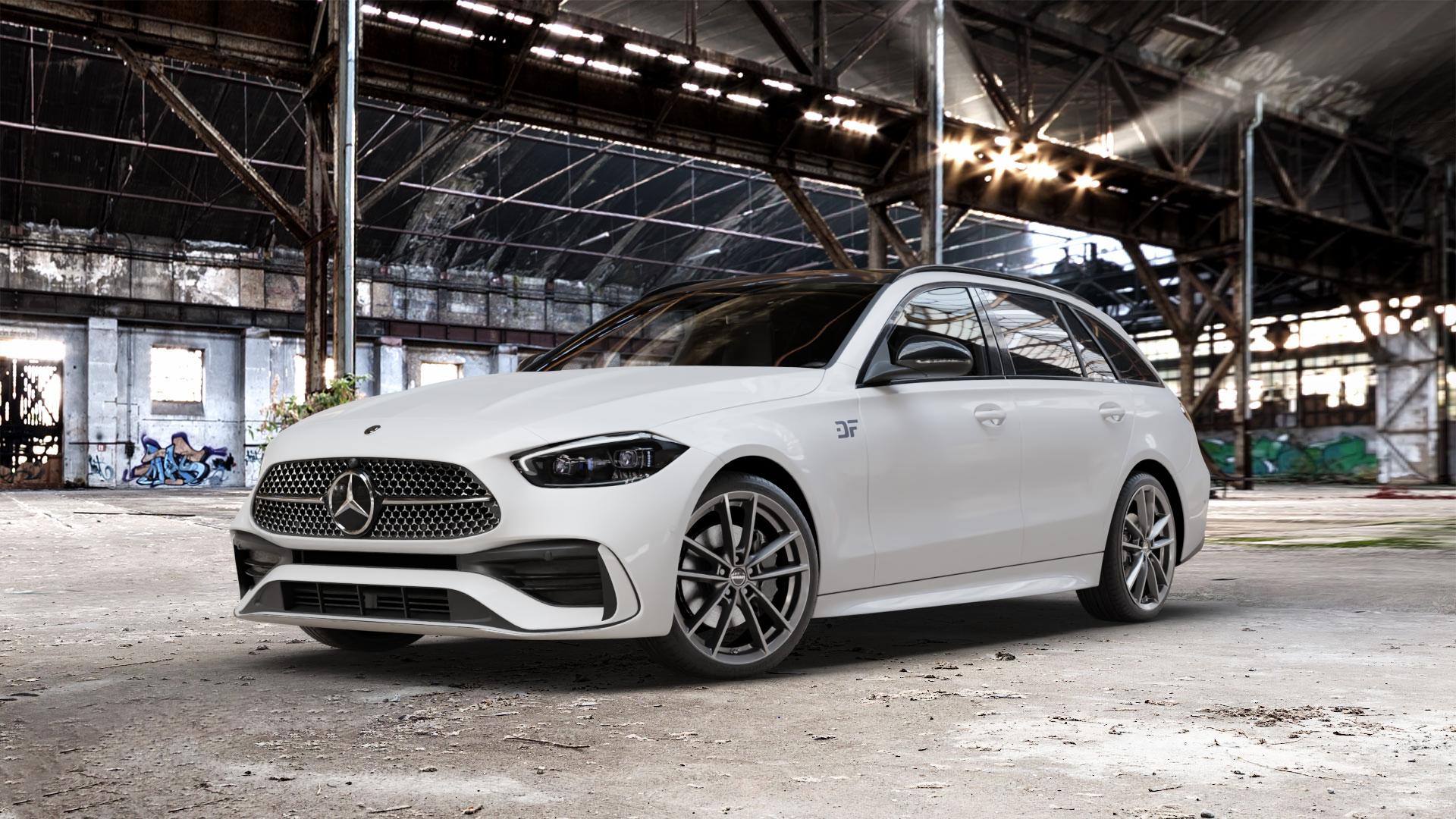 Borbet W mistral anthracite glossy Felge mit Reifen grau in 19Zoll Winterfelge Alufelge auf weissem Mercedes C-Klasse Typ S206 Kombi ⬇️ mit 15mm Tieferlegung ⬇️ Old Industrial Hall_max_5300mm_2024 Frontansicht_1