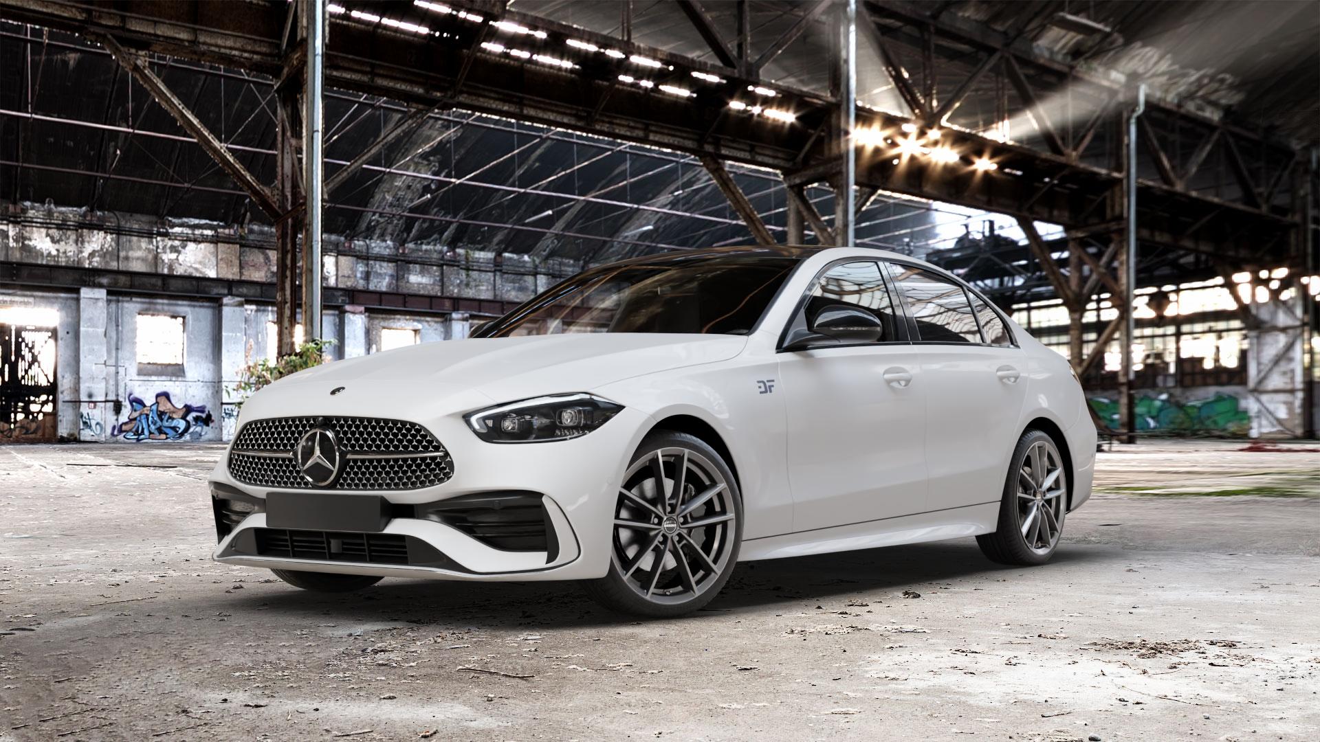 Borbet W mistral anthracite glossy Felge mit Reifen grau in 19Zoll Winterfelge Alufelge auf weissem Mercedes C-Klasse Typ W206 Limousine ⬇️ mit 15mm Tieferlegung ⬇️ Old Industrial Hall_max_5300mm_2024 Frontansicht_1