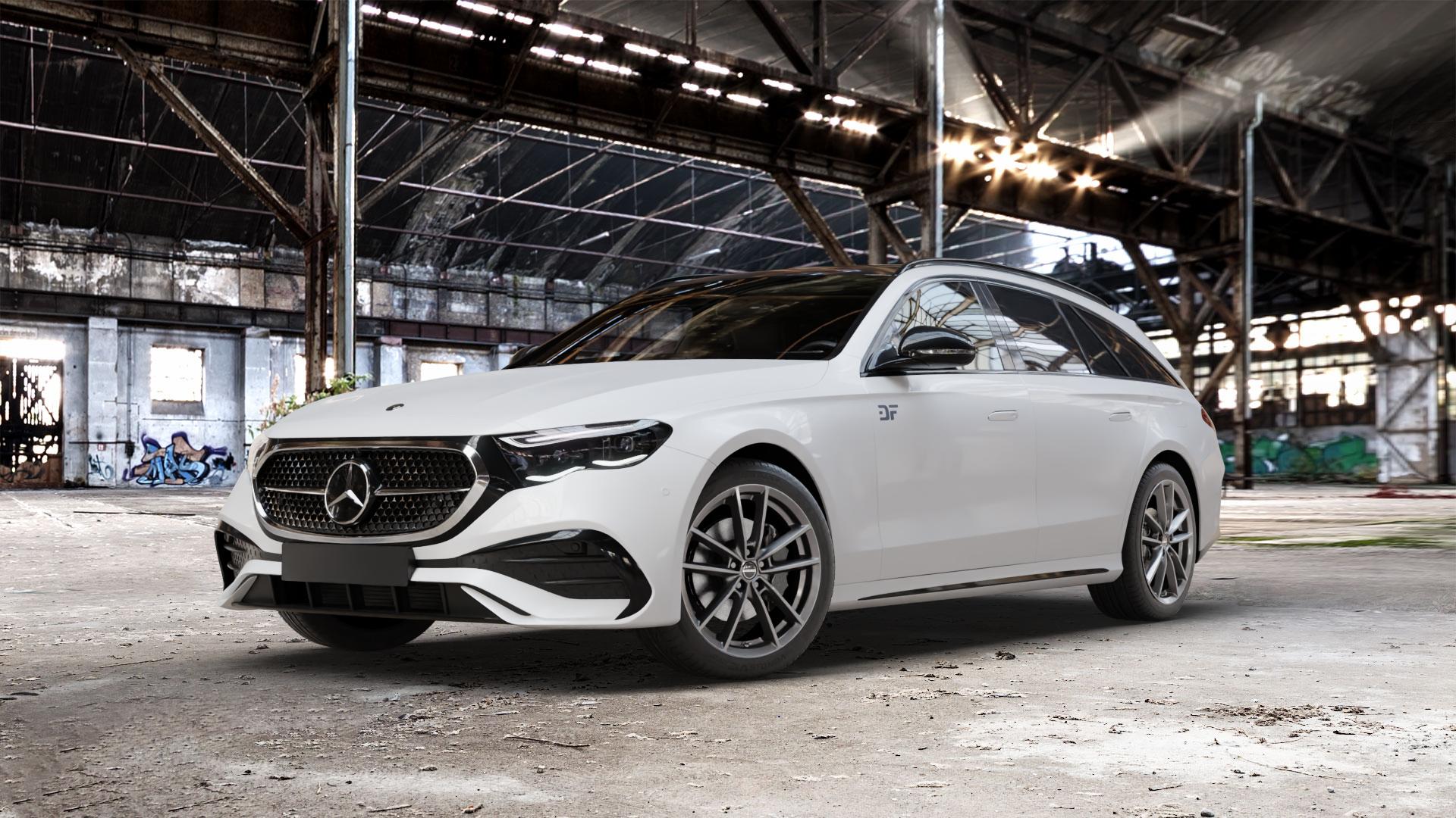 Borbet W mistral anthracite glossy Felge mit Reifen grau in 19Zoll Winterfelge Alufelge auf weissem Mercedes E-Klasse Typ S214 Kombi (R2ES) ⬇️ mit 15mm Tieferlegung ⬇️ Old Industrial Hall_max_5300mm_2024 Frontansicht_1