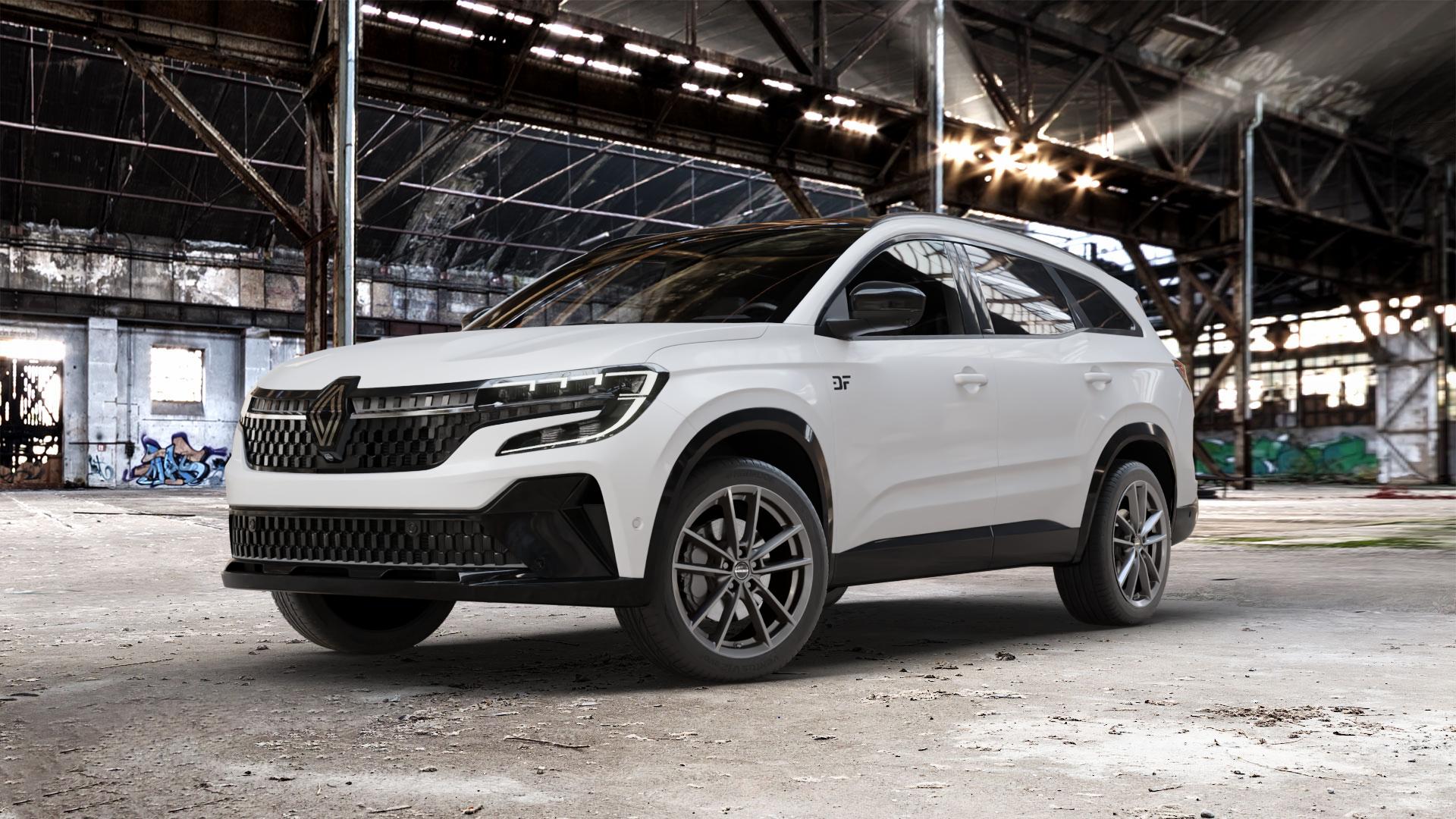 Borbet W mistral anthracite glossy Felge mit Reifen grau in 19Zoll Winterfelge Alufelge auf weissem Renault Espace VI Typ RHN ⬇️ mit 15mm Tieferlegung ⬇️ Old Industrial Hall_max_5300mm_2024 Frontansicht_1
