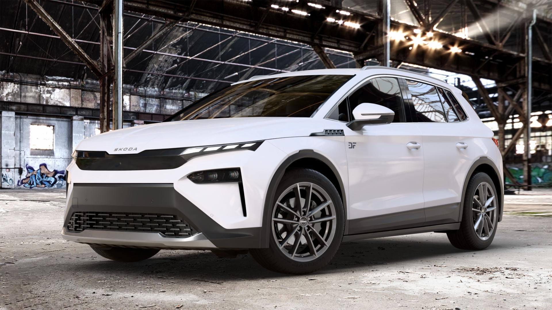 Borbet W mistral anthracite glossy Felge mit Reifen grau in 19Zoll Winterfelge Alufelge auf weissem Skoda Elroq Typ NY 0,0l 89kW 85 (121 PS) 70kW 60 (95 50 ⬇️ mit 15mm Tieferlegung ⬇️ Old Industrial Hall_max_4400mm_2024 Frontansicht_1