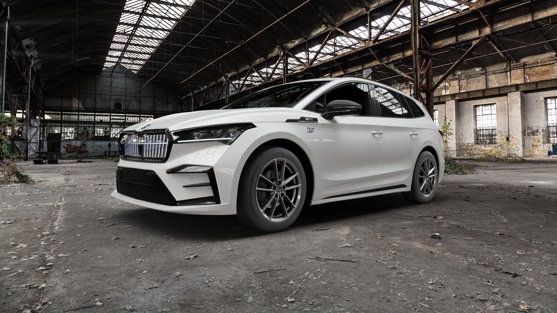 Borbet W mistral anthracite glossy Felge mit Reifen grau in 19Zoll Winterfelge Alufelge auf weissem Skoda Enyaq iV Typ NY 0,0l 77kW RS (105 PS) 89kW 85 (121 85X ⬇️ mit 15mm Tieferlegung ⬇️ Old Industrial Hall_max5000mm_2022 Frontansicht_1