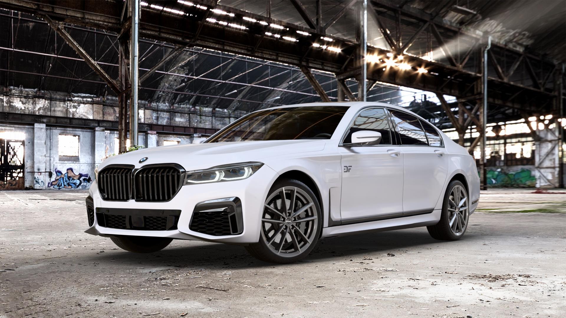 Borbet W mistral anthracite glossy Felge mit Reifen grau in 20Zoll Winterfelge Alufelge auf weissem BMW 730i Typ G11 Facelift 740i 745e 750i xDrive 7er Limousine (7L) ⬇️ mit 15mm Tieferlegung ⬇️ Old Industrial Hall_max_5300mm_2024 Frontansicht_1