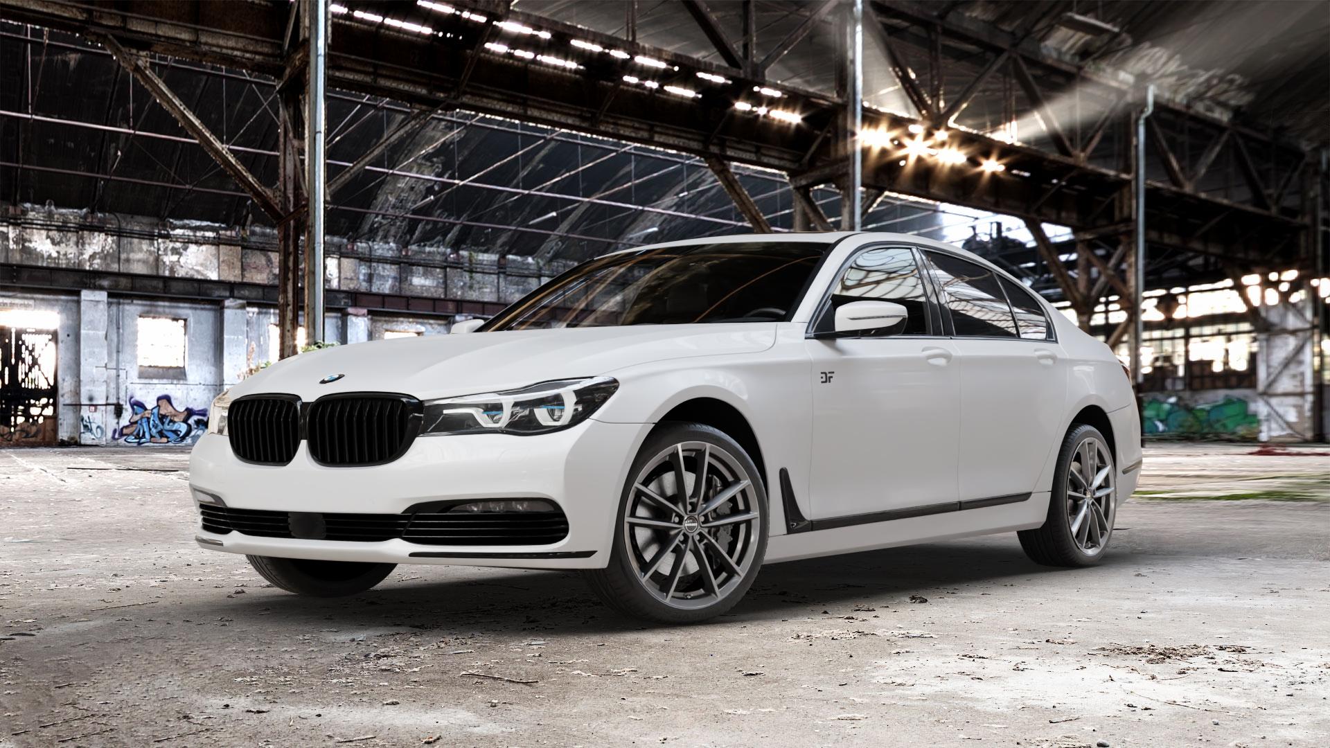 Borbet W mistral anthracite glossy Felge mit Reifen grau in 20Zoll Winterfelge Alufelge auf weissem BMW 740i Typ G11 750i xDrive 730d 740d 740e 730i 750d 7er Limousine (7L) ⬇️ mit 15mm Tieferlegung ⬇️ Old Industrial Hall_max_5300mm_2024 Frontansicht_1