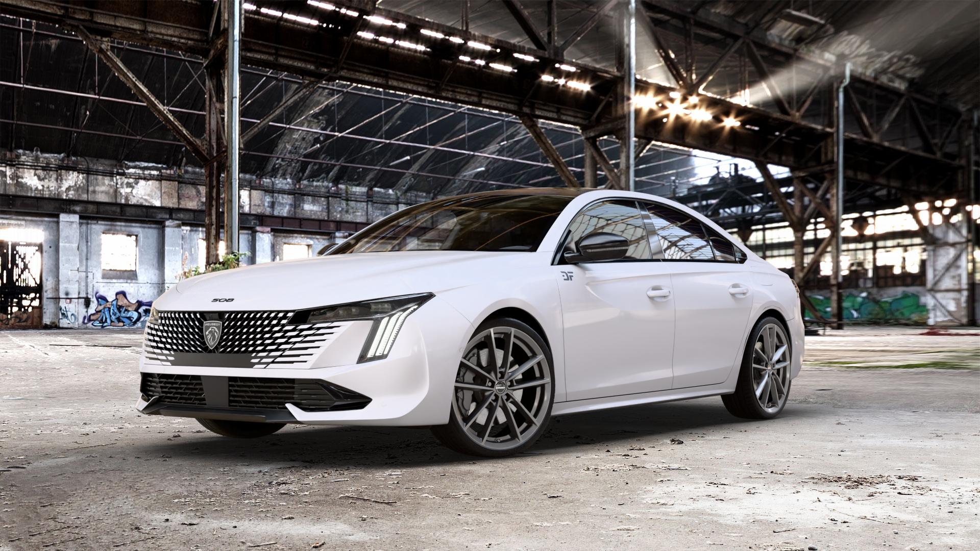 Borbet W mistral anthracite glossy Felge mit Reifen grau in 20Zoll Winterfelge Alufelge auf weissem Peugeot 508 Typ F Limousine Facelift ⬇️ mit 15mm Tieferlegung ⬇️ Old Industrial Hall_max_5300mm_2024 Frontansicht_1