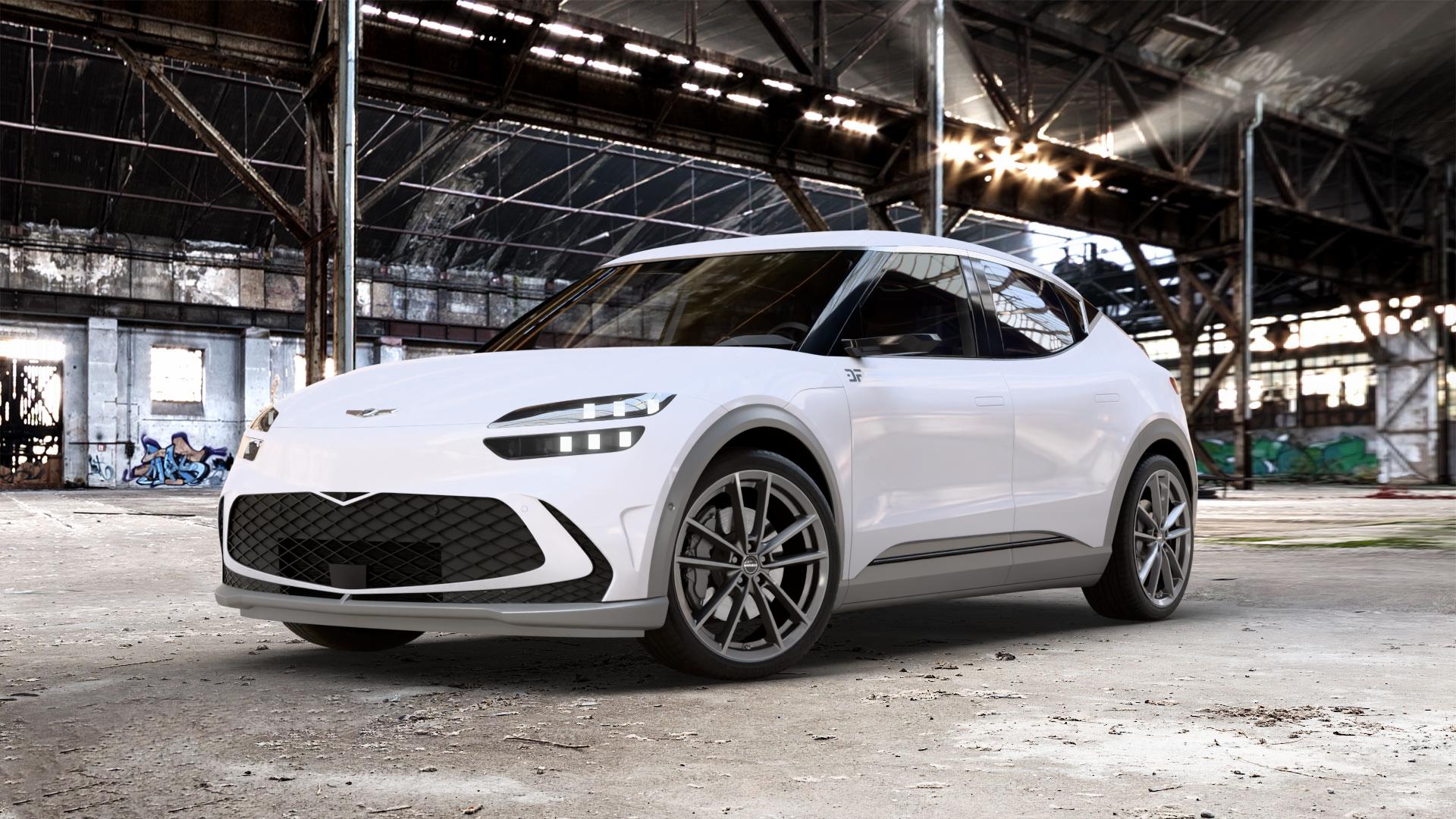 Borbet W mistral anthracite glossy Felge mit Reifen grau in 21Zoll Winterfelge Alufelge auf weissem Genesis GV60 Typ JW 0,0l 78kW AWD (106 PS) Performance 120kW (163 56kW (76 ⬇️ mit 15mm Tieferlegung ⬇️ Old Industrial Hall_max_5300mm_2024 Frontansicht_1