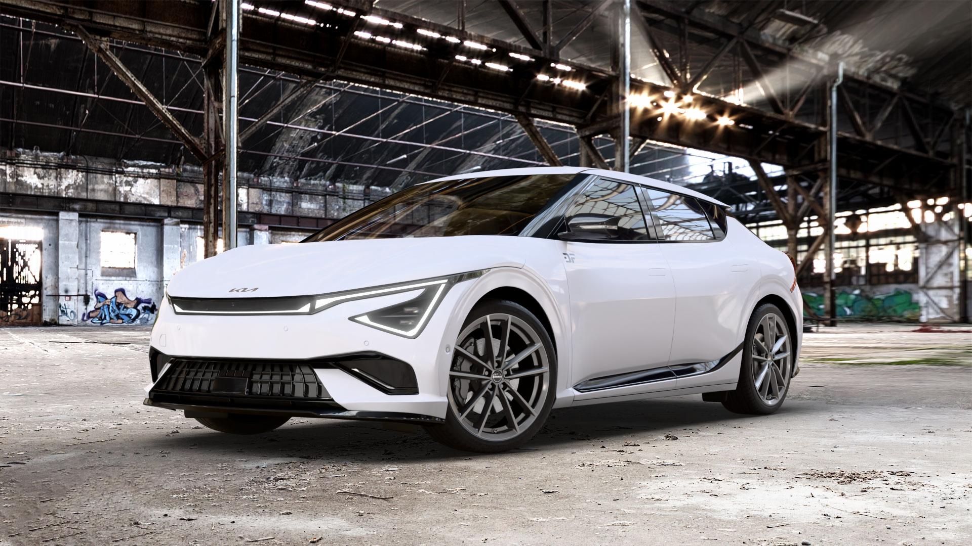 Borbet W mistral anthracite glossy Felge mit Reifen grau in 21Zoll Winterfelge Alufelge auf weissem Kia EV6 Typ CV Facelift 0,0l GT AWD 159kW (216 PS) ⬇️ mit 15mm Tieferlegung ⬇️ Old Industrial Hall_max_5300mm_2024 Frontansicht_1