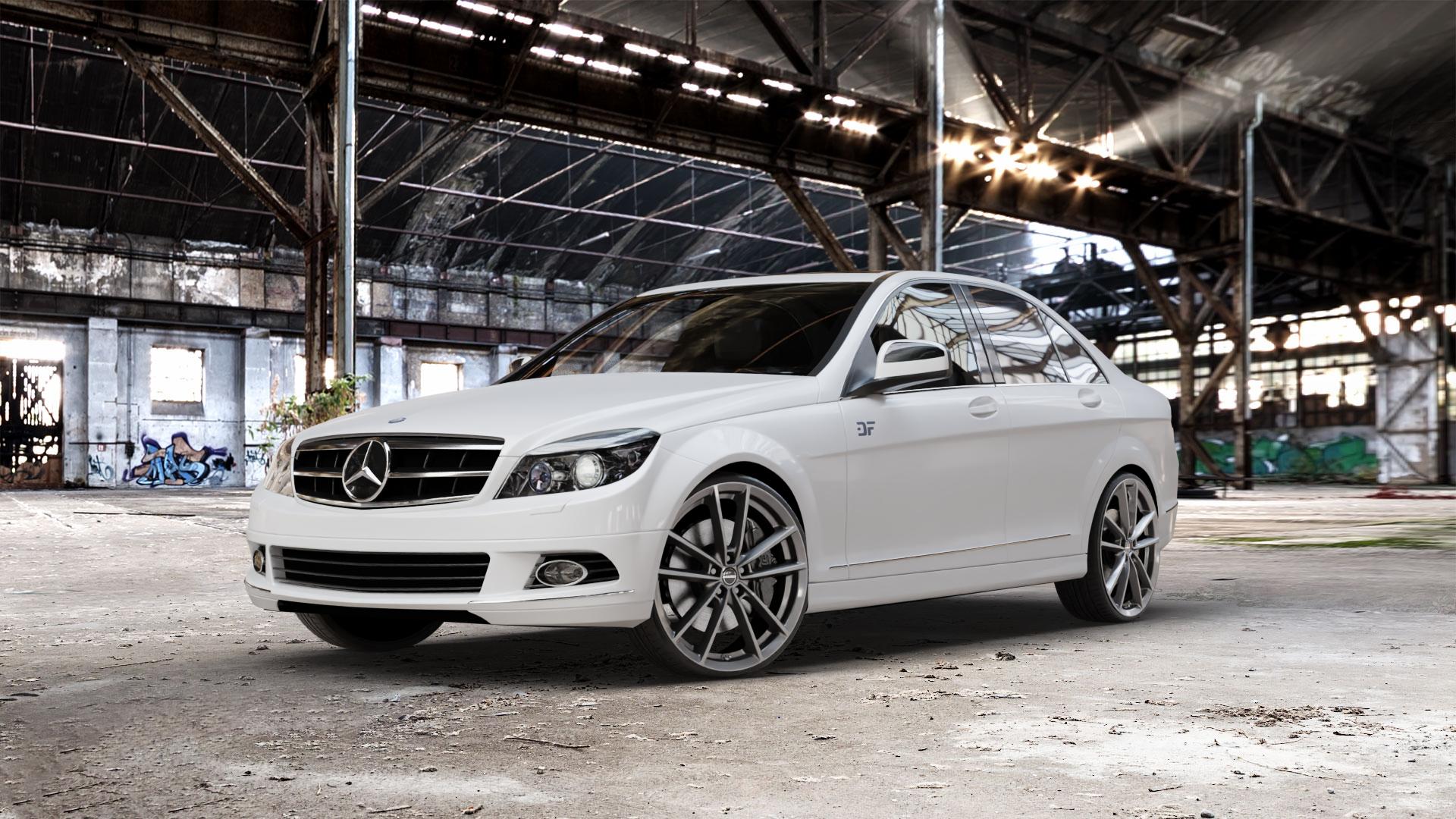 Borbet W mistral anthracite glossy Felge mit Reifen grau in 21Zoll Winterfelge Alufelge auf weissem Mercedes C-Klasse Typ W204 Limousine ⬇️ mit 15mm Tieferlegung ⬇️ Old Industrial Hall_max_5300mm_2024 Frontansicht_1