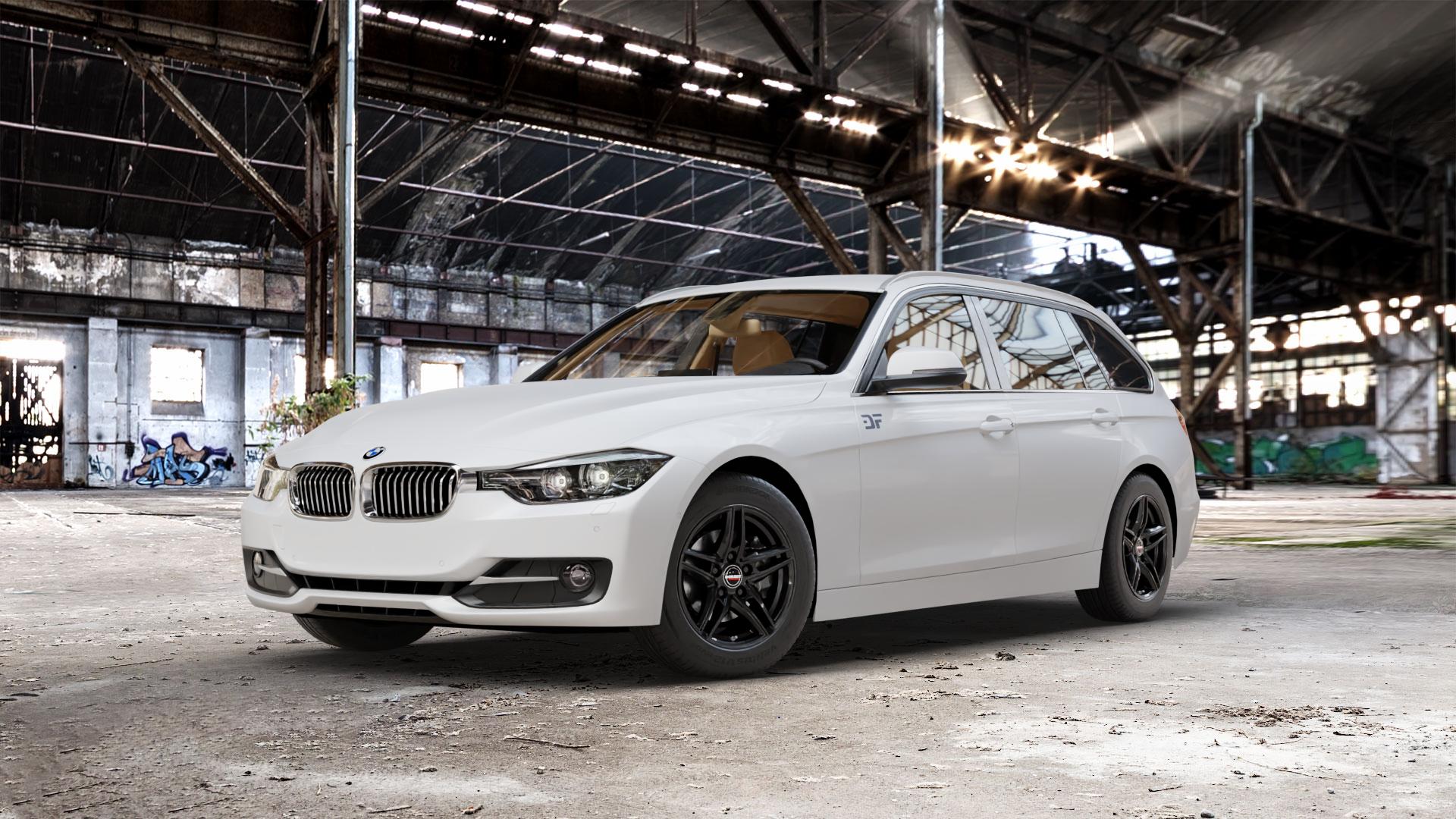 Borbet XR black glossy Felge mit Reifen schwarz in 16Zoll Winterfelge Alufelge auf weissem BMW 320i Typ F31 (Touring) 328i 316d 318d 320d 316i EffDyn Edition 325d 335i xDrive 335d ⬇️ mit 15mm Tieferlegung ⬇️ Old Industrial Hall_max_5300mm_2024 Frontansicht_1