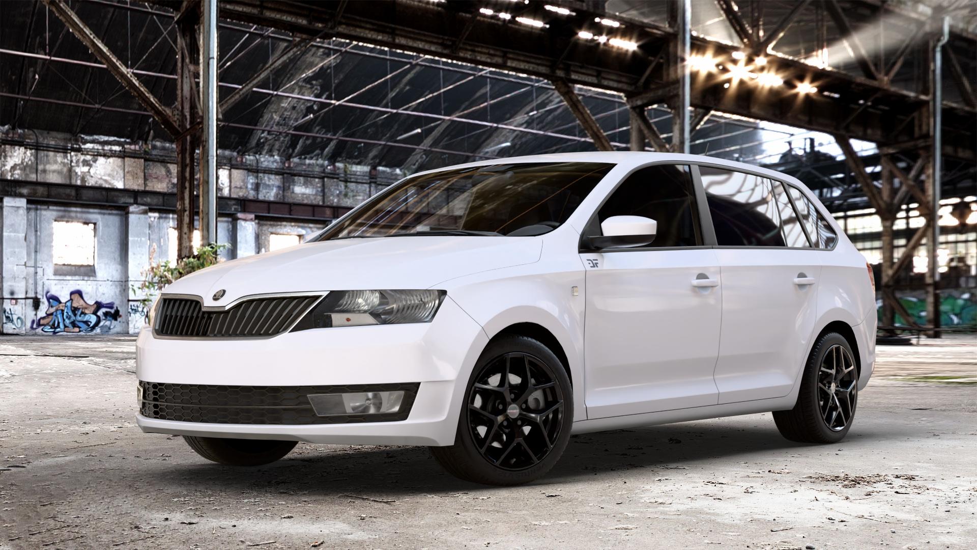 Borbet Y black glossy Felge mit Reifen schwarz in 16Zoll Winterfelge Alufelge auf weissem Skoda Rapid Spaceback Typ NH ⬇️ mit 15mm Tieferlegung ⬇️ Old Industrial Hall_max_4400mm_2024 Frontansicht_1