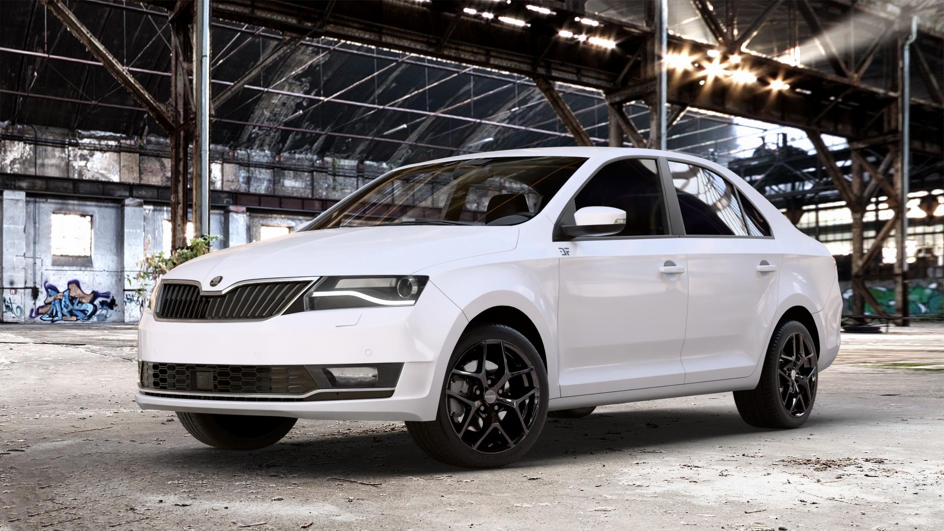 Borbet Y black glossy Felge mit Reifen schwarz in 16Zoll Winterfelge Alufelge auf weissem Skoda Rapid Typ NH Facelift ⬇️ mit 15mm Tieferlegung ⬇️ Old Industrial Hall_max_4400mm_2024 Frontansicht_1