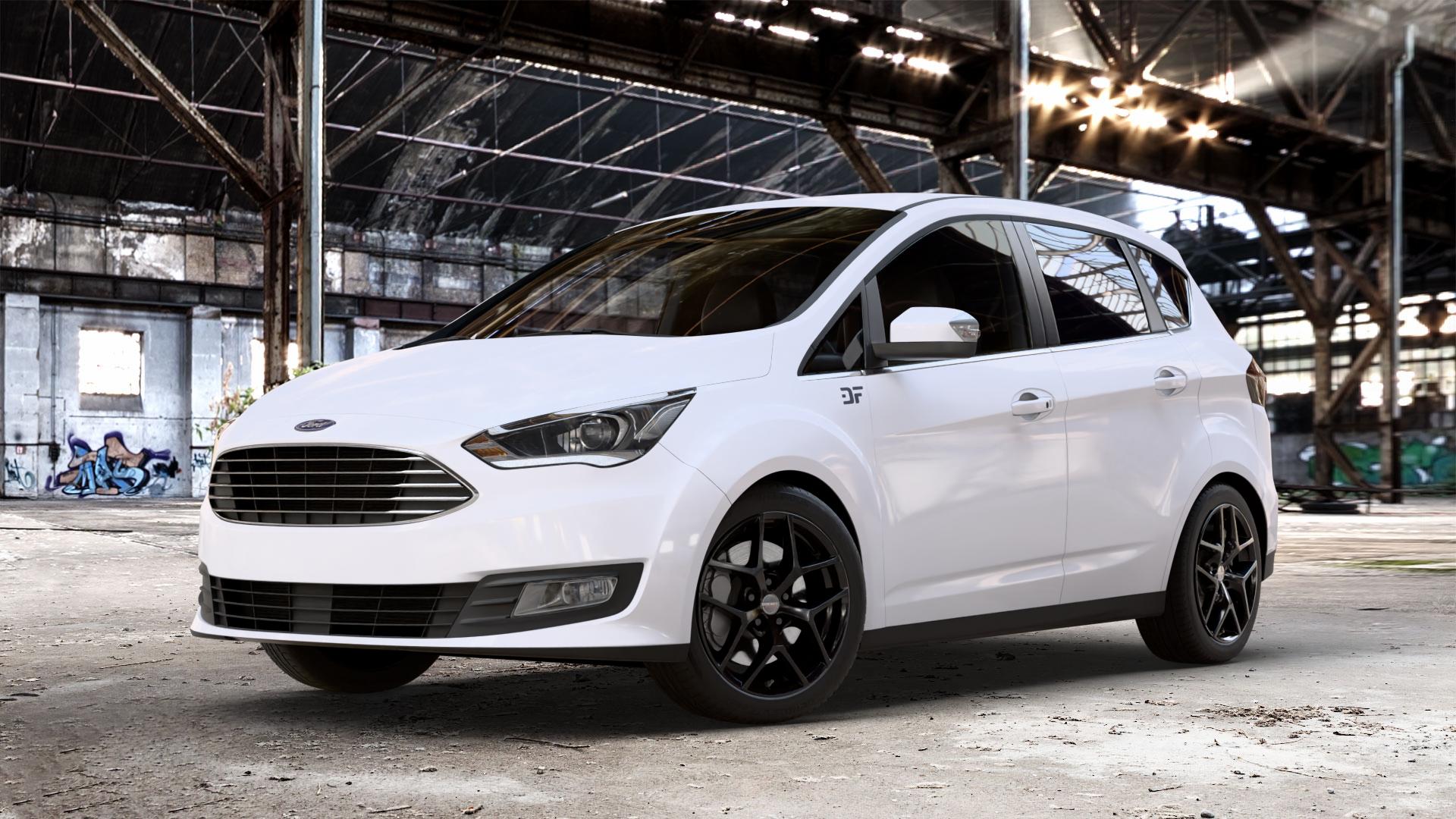 Borbet Y black glossy Felge mit Reifen schwarz in 17Zoll Winterfelge Alufelge auf weissem Ford C-Max II Typ DXA Facelift (15->) ⬇️ mit 15mm Tieferlegung ⬇️ Old Industrial Hall_max_4400mm_2024 Frontansicht_1