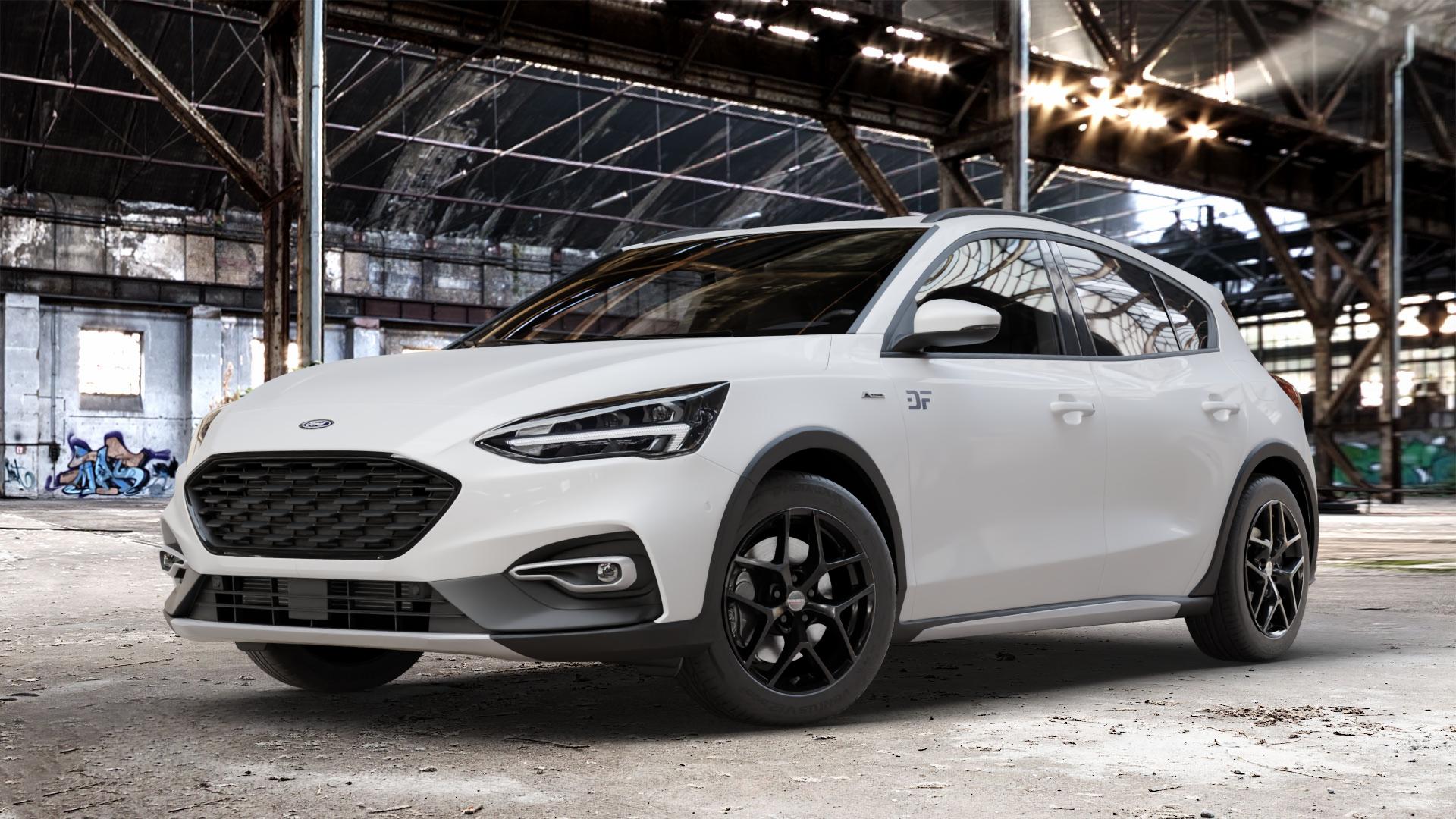 Borbet Y black glossy Felge mit Reifen schwarz in 17Zoll Winterfelge Alufelge auf weissem Ford Focus IV Active Typ DEH (Schrägheck) ⬇️ mit 15mm Tieferlegung ⬇️ Old Industrial Hall_max_4400mm_2024 Frontansicht_1