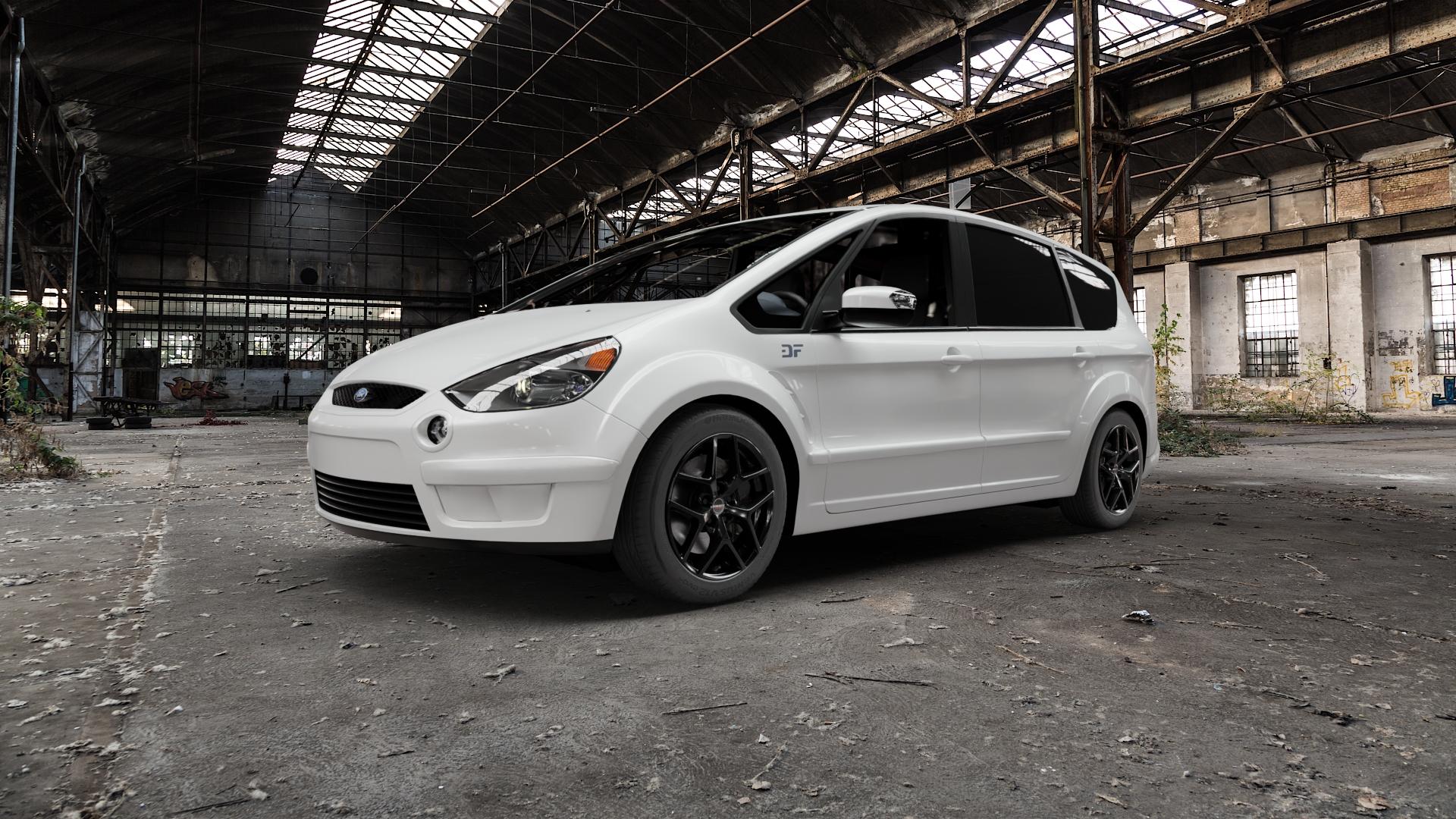 Borbet Y black glossy Felge mit Reifen schwarz in 17Zoll Winterfelge Alufelge auf weissem Ford S-Max Typ WA6 ⬇️ mit 15mm Tieferlegung ⬇️ Old Industrial Hall_max5000mm_2022 Frontansicht_1