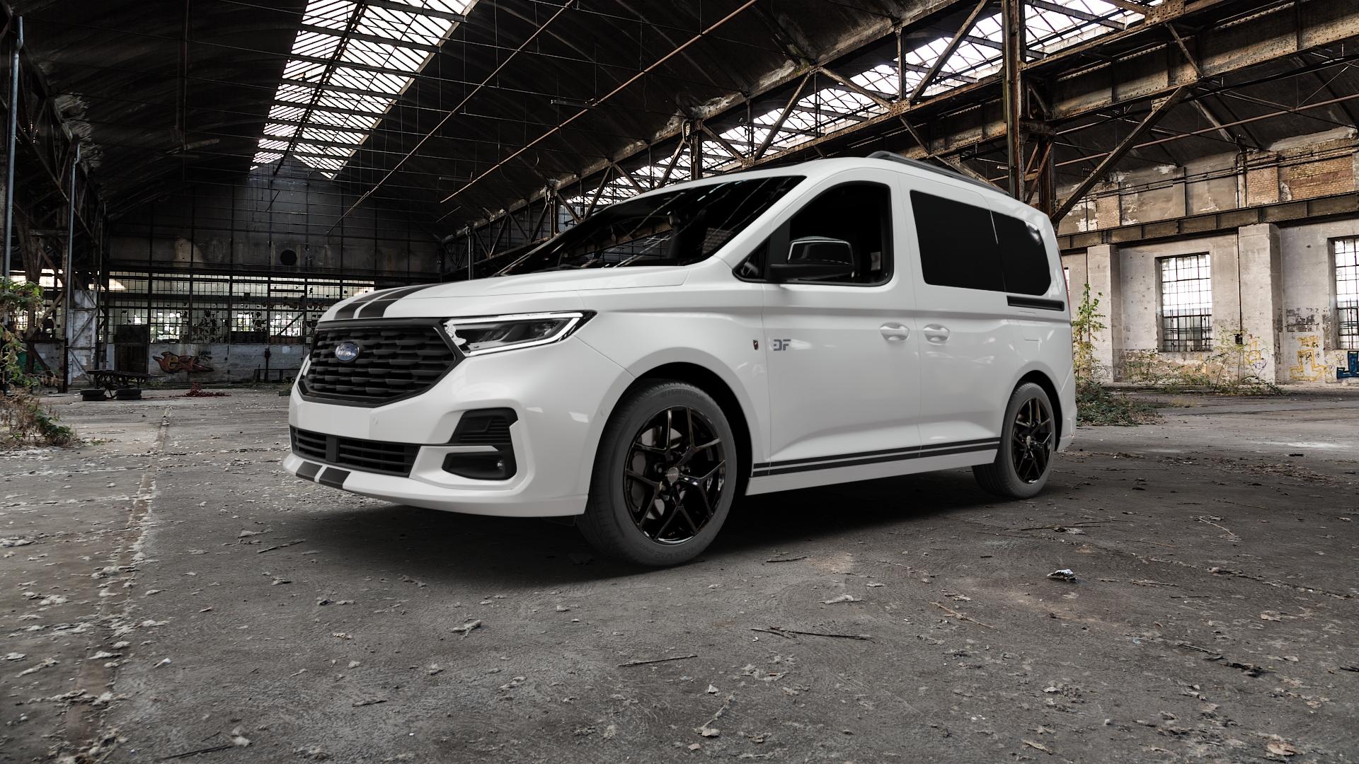 Borbet Y black glossy Felge mit Reifen schwarz in 17Zoll Winterfelge Alufelge auf weissem Ford Tourneo Connect Typ SK SKN ⬇️ mit 15mm Tieferlegung ⬇️ Old Industrial Hall_max5000mm_2022 Frontansicht_1