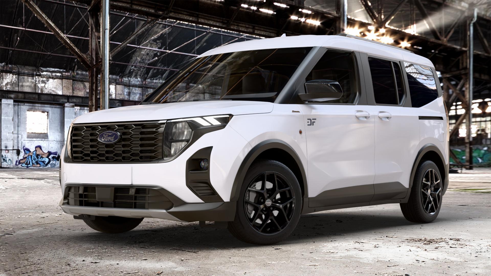Borbet Y black glossy Felge mit Reifen schwarz in 17Zoll Winterfelge Alufelge auf weissem Ford Tourneo Courier Typ N3P 1,0l EcoBoost 92kW (125 PS) 74kW (101 1,5l EcoBlue 73kW (99 ⬇️ mit 15mm Tieferlegung ⬇️ Old Industrial Hall_max_4400mm_2024 Frontansicht_1