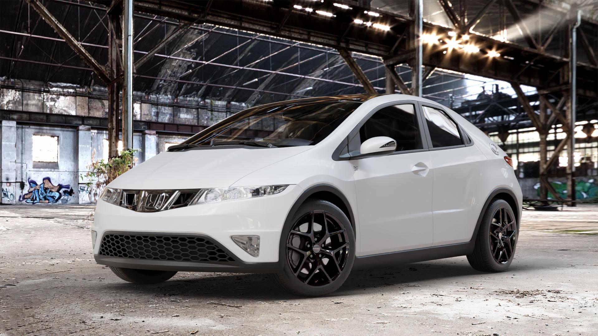 Borbet Y black glossy Felge mit Reifen schwarz in 17Zoll Winterfelge Alufelge auf weissem Honda Civic 8 Fünftürer (FK) 1,4l V-Tec (FK1) 73kW (99 PS) ⬇️ mit 15mm Tieferlegung ⬇️ Old Industrial Hall_max_4400mm_2024 Frontansicht_1