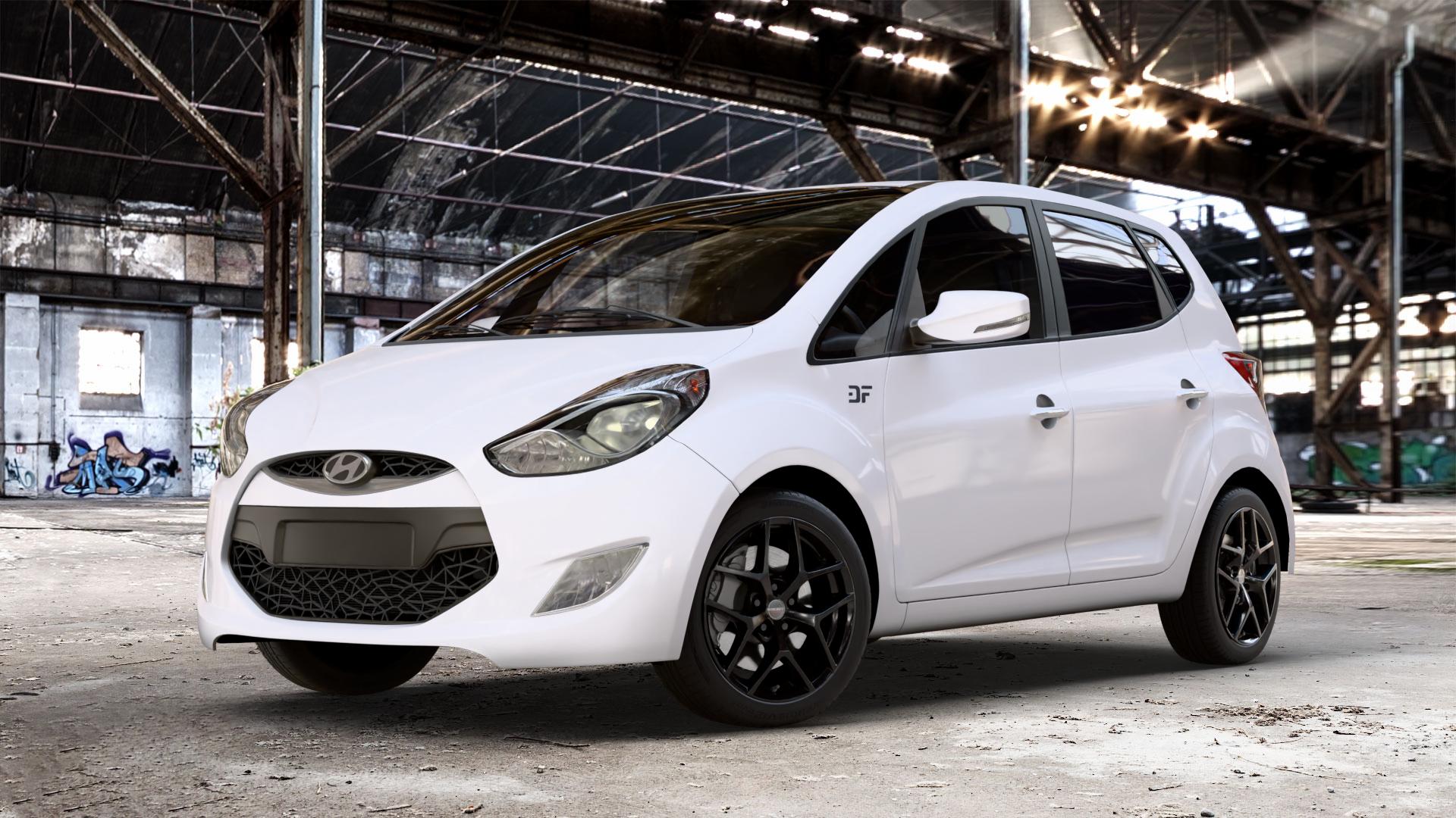 Borbet Y black glossy Felge mit Reifen schwarz in 17Zoll Winterfelge Alufelge auf weissem Hyundai ix20 Typ JC ⬇️ mit 15mm Tieferlegung ⬇️ Old Industrial Hall_max_4400mm_2024 Frontansicht_1
