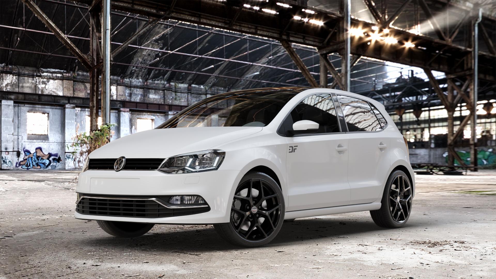 Borbet Y black glossy Felge mit Reifen schwarz in 17Zoll Winterfelge Alufelge auf weissem Volkswagen (VW) Polo V Typ 6C ⬇️ mit 15mm Tieferlegung ⬇️ Old Industrial Hall_max_4400mm_2024 Frontansicht_1