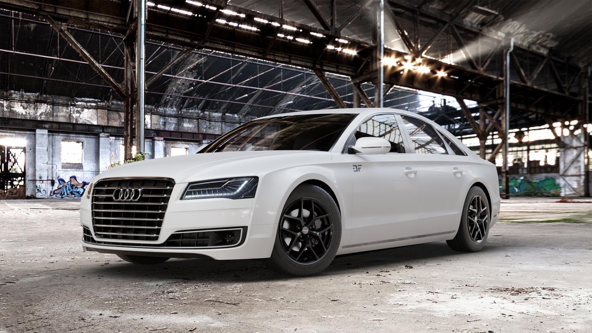Borbet Y black glossy Felge mit Reifen schwarz in 18Zoll Winterfelge Alufelge auf weissem Audi A8 Typ D4/4H Facelift ⬇️ mit 15mm Tieferlegung ⬇️ Old Industrial Hall_max_5300mm_2024 Frontansicht_1