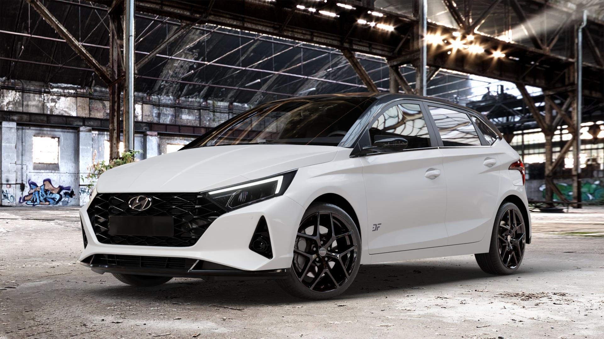 Borbet Y black glossy Felge mit Reifen schwarz in 18Zoll Winterfelge Alufelge auf weissem Hyundai i20 Typ BC3 ⬇️ mit 15mm Tieferlegung ⬇️ Old Industrial Hall_max_4400mm_2024 Frontansicht_1