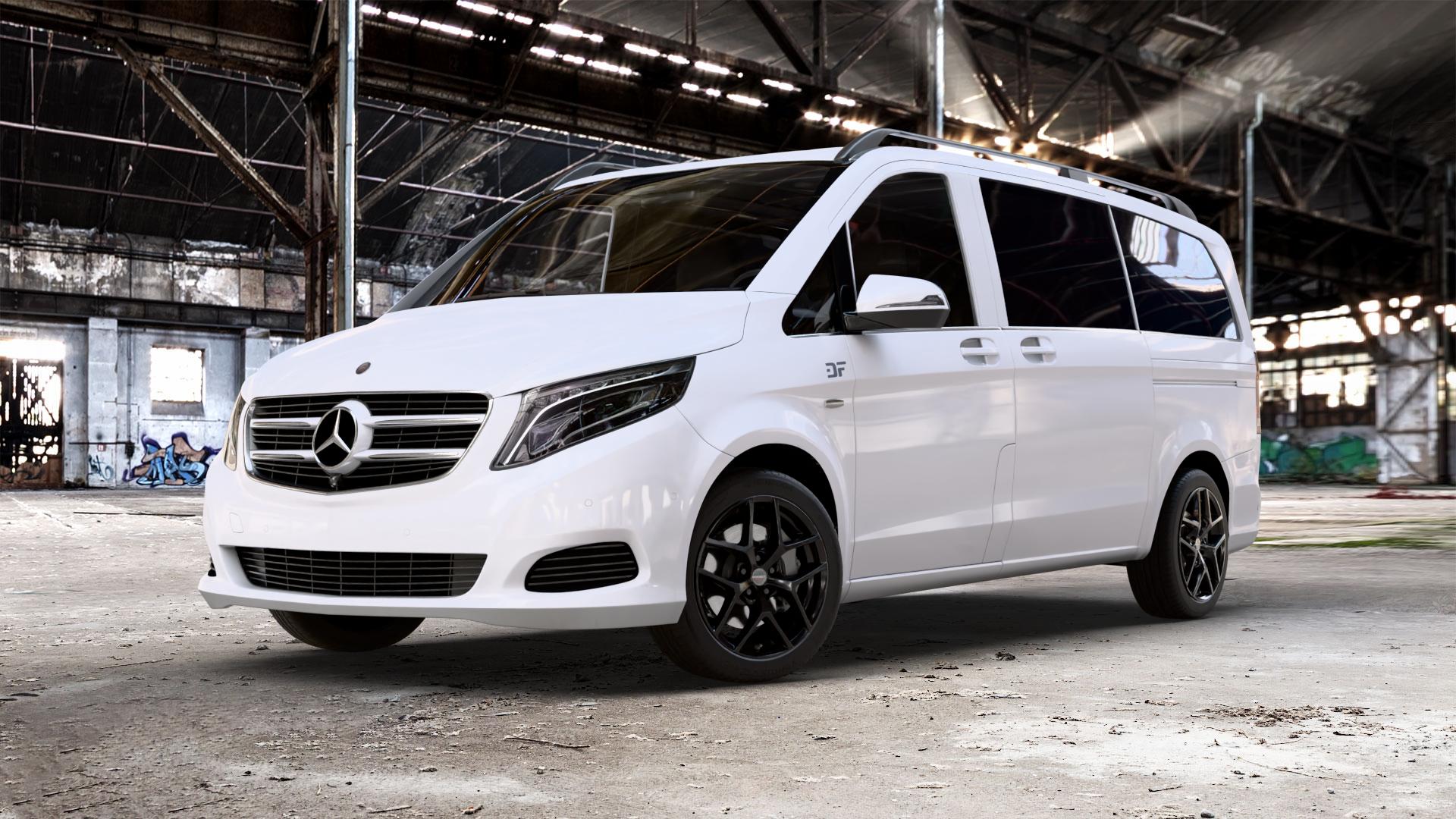 Borbet Y black glossy Felge mit Reifen schwarz in 18Zoll Winterfelge Alufelge auf weissem Mercedes V-Klasse Typ W447 Vito Kasten Mixto Tourer Marco Polo ⬇️ mit 15mm Tieferlegung ⬇️ Old Industrial Hall_max_5300mm_2024 Frontansicht_1