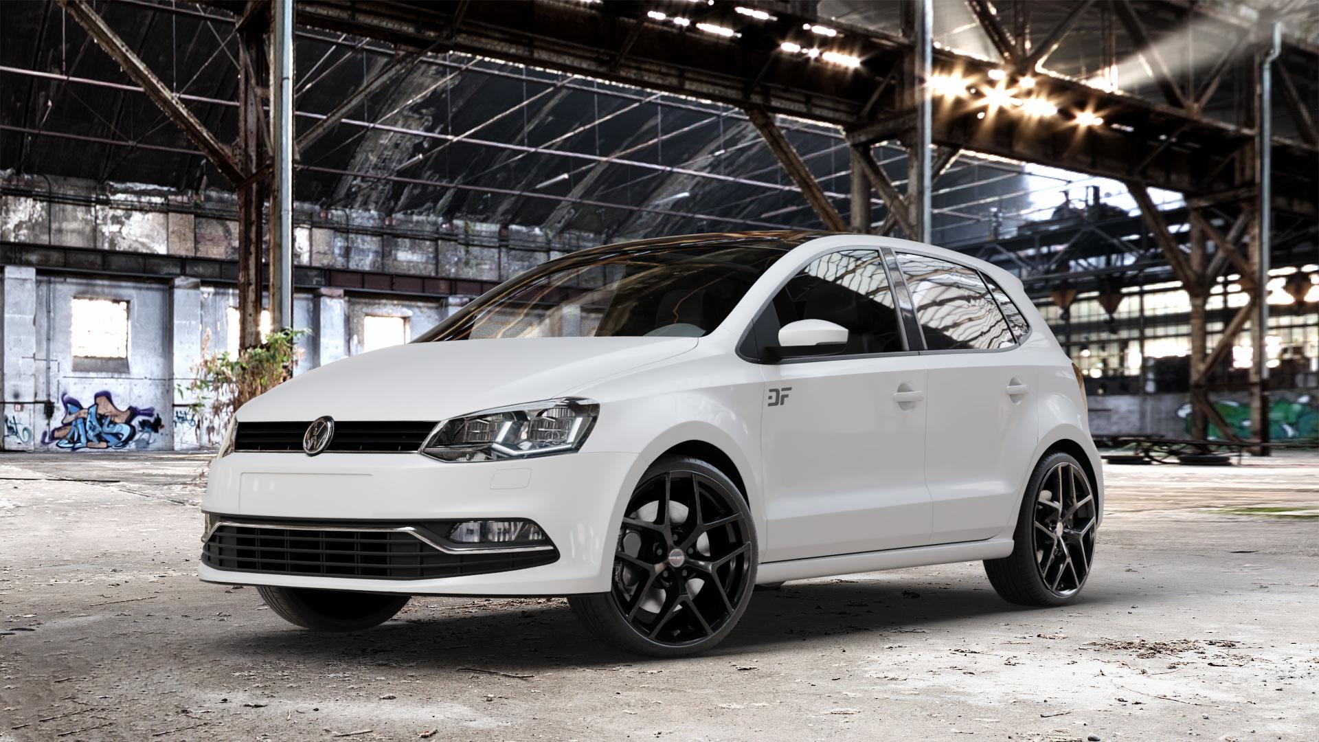 Borbet Y black glossy Felge mit Reifen schwarz in 18Zoll Winterfelge Alufelge auf weissem Volkswagen (VW) Polo V Typ 6C ⬇️ mit 15mm Tieferlegung ⬇️ Old Industrial Hall_max_4400mm_2024 Frontansicht_1