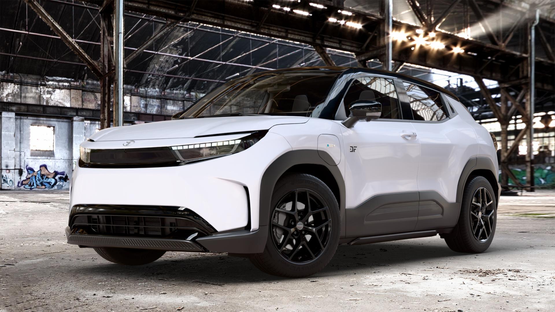 Borbet Y black glossy Felge mit Reifen schwarz in 18Zoll Winterfelge Alufelge auf weissen Toyota Urban Cruiser Typ BP ⬇️ mit 15mm Tieferlegung ⬇️ Old Industrial Hall_max_4400mm_2024 Frontansicht_1