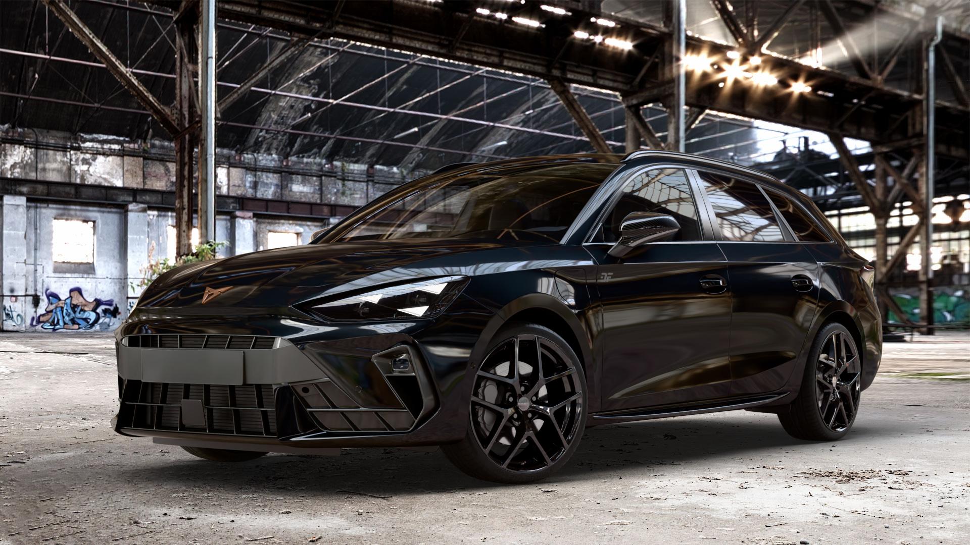 Borbet Y black glossy Felge mit Reifen schwarz in 19Zoll Winterfelge Alufelge auf metallic schwarzem Cupra Leon Typ KL ST Facelift ⬇️ mit 15mm Tieferlegung ⬇️ Old Industrial Hall_max_4400mm_2024 Frontansicht_1