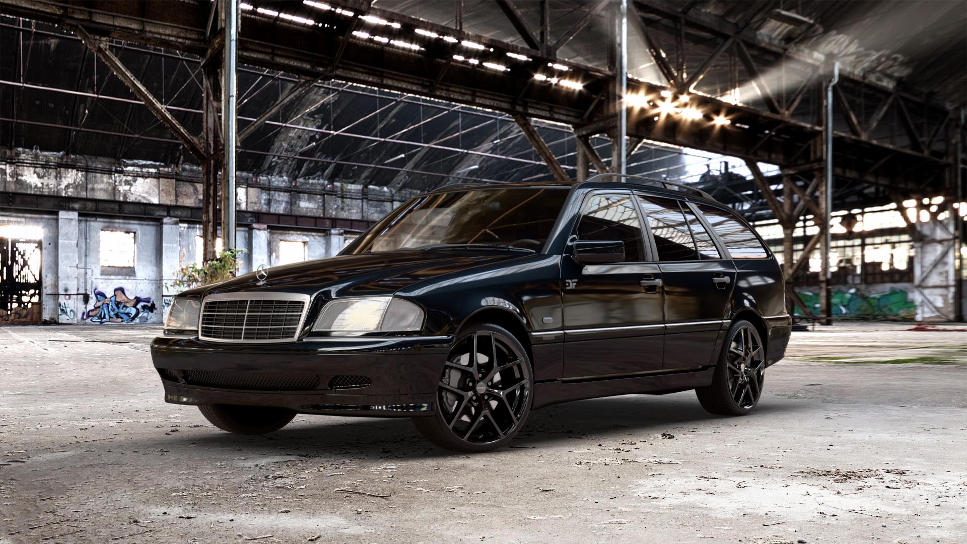Borbet Y black glossy Felge mit Reifen schwarz in 19Zoll Winterfelge Alufelge auf metallic schwarzem Mercedes C-Klasse Typ S202 Kombi ⬇️ mit 15mm Tieferlegung ⬇️ Old Industrial Hall_max_5300mm_2024 Frontansicht_1