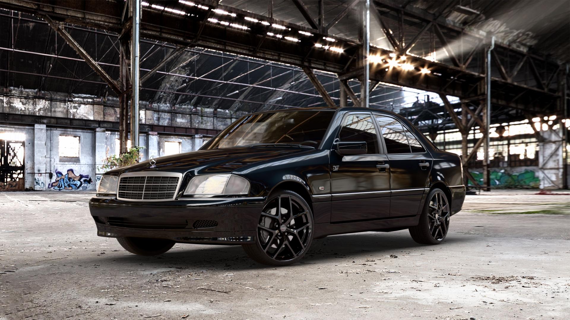 Borbet Y black glossy Felge mit Reifen schwarz in 19Zoll Winterfelge Alufelge auf metallic schwarzem Mercedes C-Klasse Typ W202 Limousine ⬇️ mit 15mm Tieferlegung ⬇️ Old Industrial Hall_max_5300mm_2024 Frontansicht_1