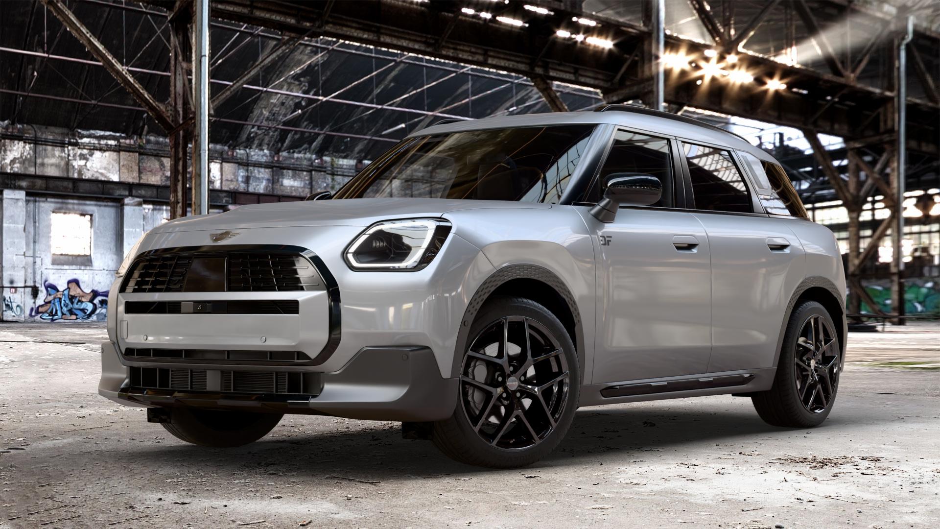 Borbet Y black glossy Felge mit Reifen schwarz in 19Zoll Winterfelge Alufelge auf metallic silbernem Mini U25 Typ UMX (Countryman) 1,5l C 100kW Mild-Hybrid (136 PS) 115kW (156 2,0l JCW ALL4 221kW (300 D 110kW (150 0,0l E 68kW (92 S 150kW (204 SE 104kW ⬇️ mit 15mm Tieferlegung ⬇️ Old Industrial Hall_max_4400mm_2024 Frontansicht_1