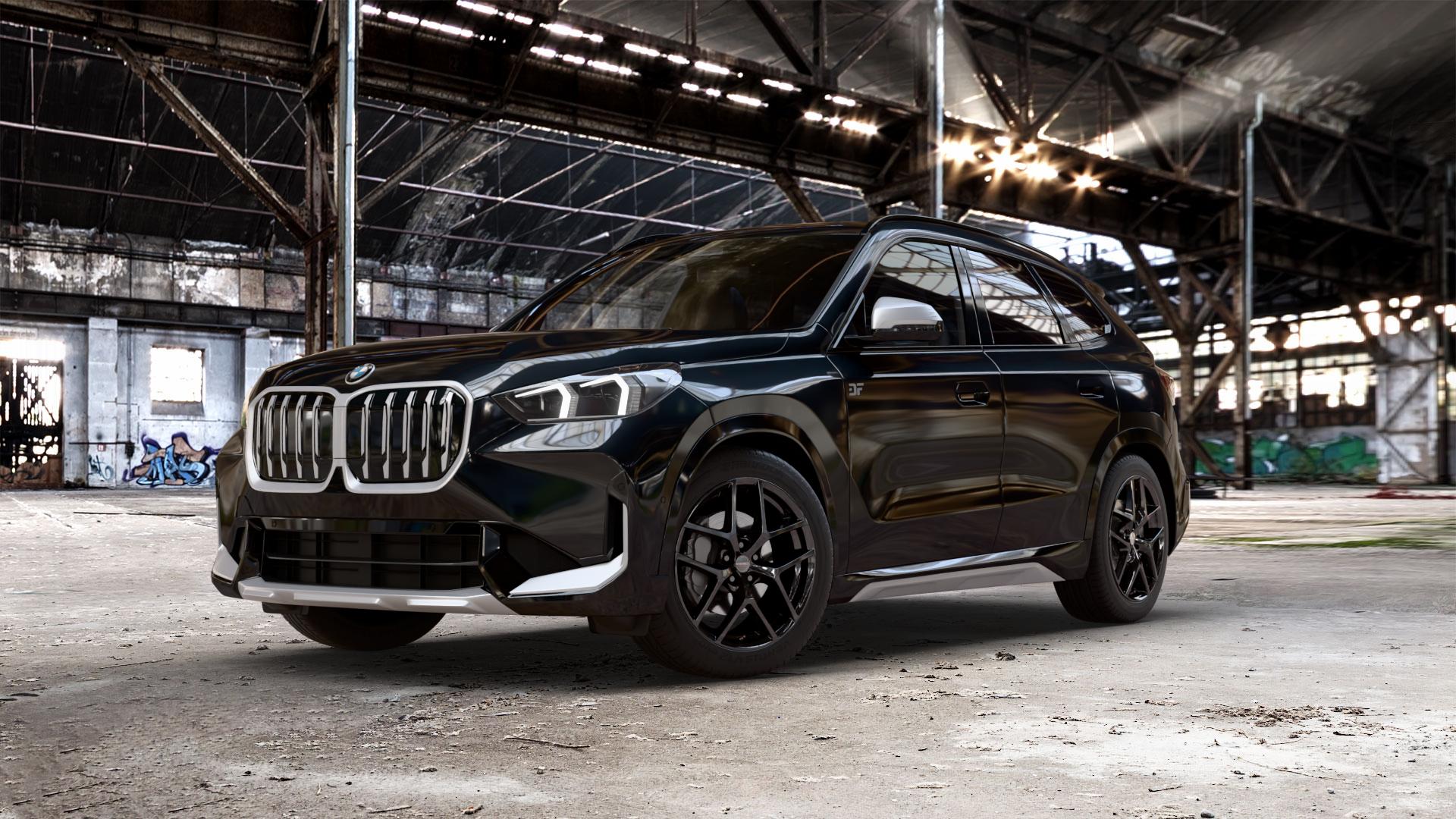 Borbet Y black glossy Felge mit Reifen schwarz in 19Zoll Winterfelge Alufelge auf schwarzem metallic BMW X1 Typ U11 (U1X) ⬇️ mit 15mm Tieferlegung ⬇️ Old Industrial Hall_max_5300mm_2024 Frontansicht_1