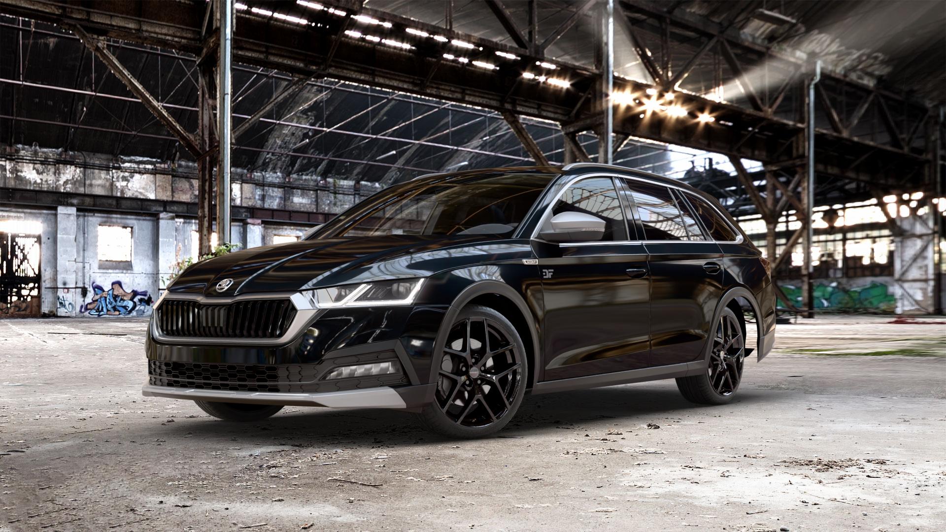 Borbet Y black glossy Felge mit Reifen schwarz in 19Zoll Winterfelge Alufelge auf schwarzem metallic Skoda Octavia IV Scout Typ NX ⬇️ mit 15mm Tieferlegung ⬇️ Old Industrial Hall_max_5300mm_2024 Frontansicht_1
