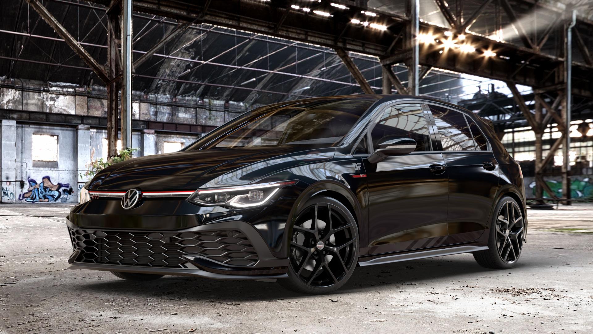Borbet Y black glossy Felge mit Reifen schwarz in 19Zoll Winterfelge Alufelge auf schwarzem metallic Volkswagen (VW) Golf 8 2,0l GTI Clubsport 221kW (300 PS) ⬇️ mit 15mm Tieferlegung ⬇️ Old Industrial Hall_max_4400mm_2024 Frontansicht_1