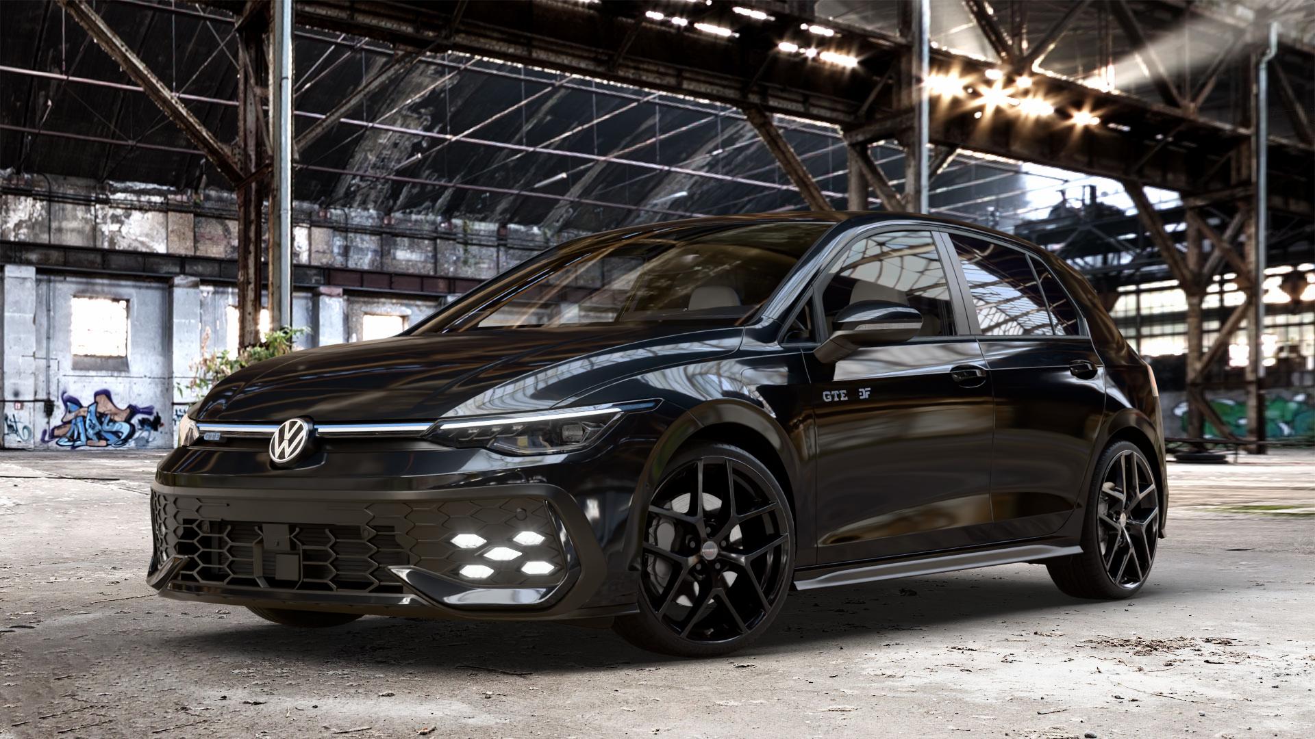 Borbet Y black glossy Felge mit Reifen schwarz in 19Zoll Winterfelge Alufelge auf schwarzem Volkswagen (VW) Golf 8 Facelift 1,5l TSI GTE 130kW Hybrid (177 PS) ⬇️ mit 15mm Tieferlegung ⬇️ Old Industrial Hall_max_4400mm_2024 Frontansicht_1