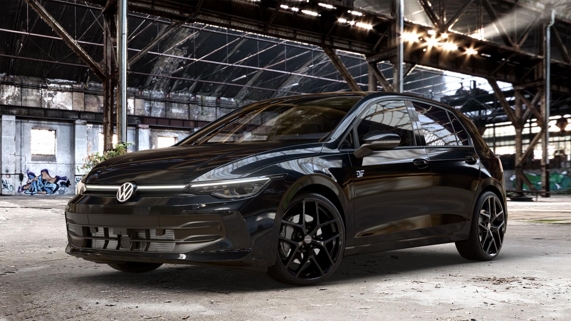 Borbet Y black glossy Felge mit Reifen schwarz in 19Zoll Winterfelge Alufelge auf schwarzem Volkswagen (VW) Golf 8 Facelift ⬇️ mit 15mm Tieferlegung ⬇️ Old Industrial Hall_max_4400mm_2024 Frontansicht_1