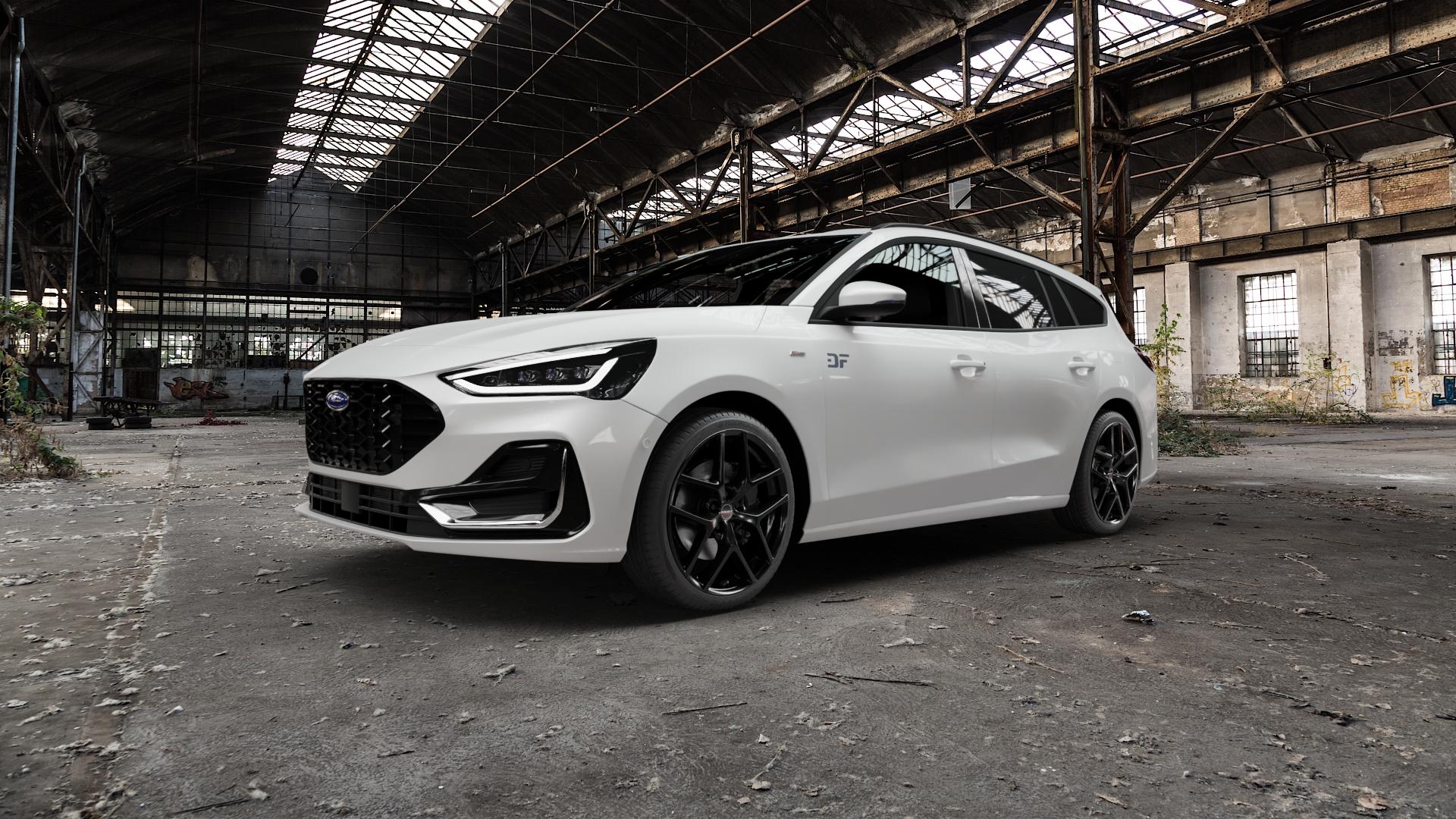 Borbet Y black glossy Felge mit Reifen schwarz in 19Zoll Winterfelge Alufelge auf weissem Ford Focus IV Typ DEH Facelift (Turnier) ⬇️ mit 15mm Tieferlegung ⬇️ Old Industrial Hall_max5000mm_2022 Frontansicht_1