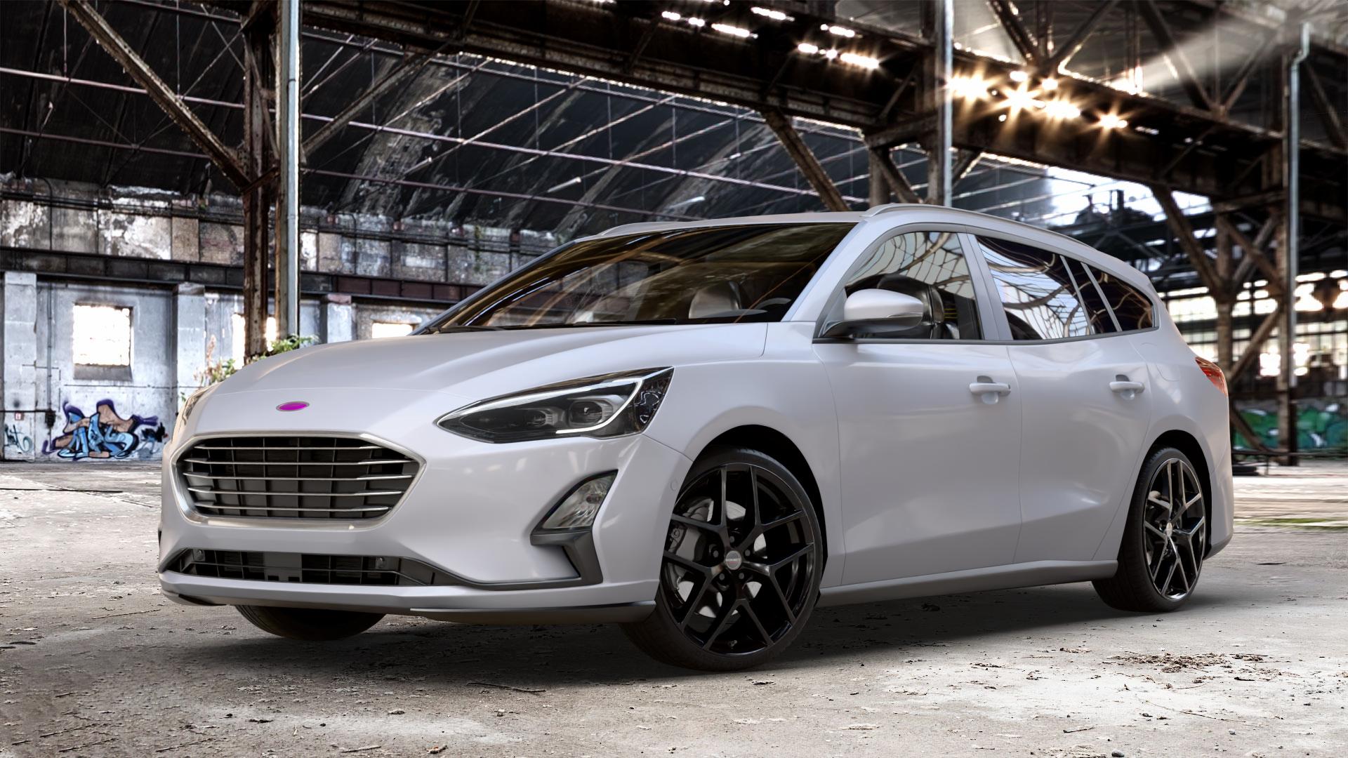Borbet Y black glossy Felge mit Reifen schwarz in 19Zoll Winterfelge Alufelge auf weissem Ford Focus IV Typ DEH (Turnier) ⬇️ mit 15mm Tieferlegung ⬇️ Old Industrial Hall_max_4400mm_2024 Frontansicht_1
