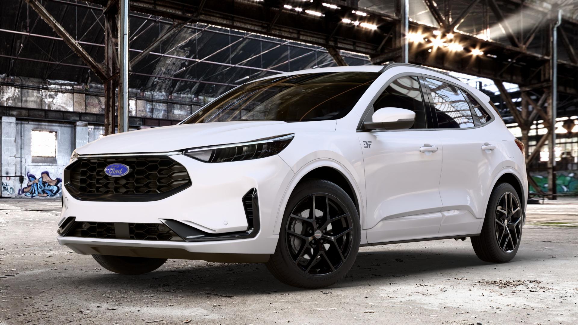 Borbet Y black glossy Felge mit Reifen schwarz in 19Zoll Winterfelge Alufelge auf weissem Ford Kuga III Typ DFK Facelift ⬇️ mit 15mm Tieferlegung ⬇️ Old Industrial Hall_max_4400mm_2024 Frontansicht_1