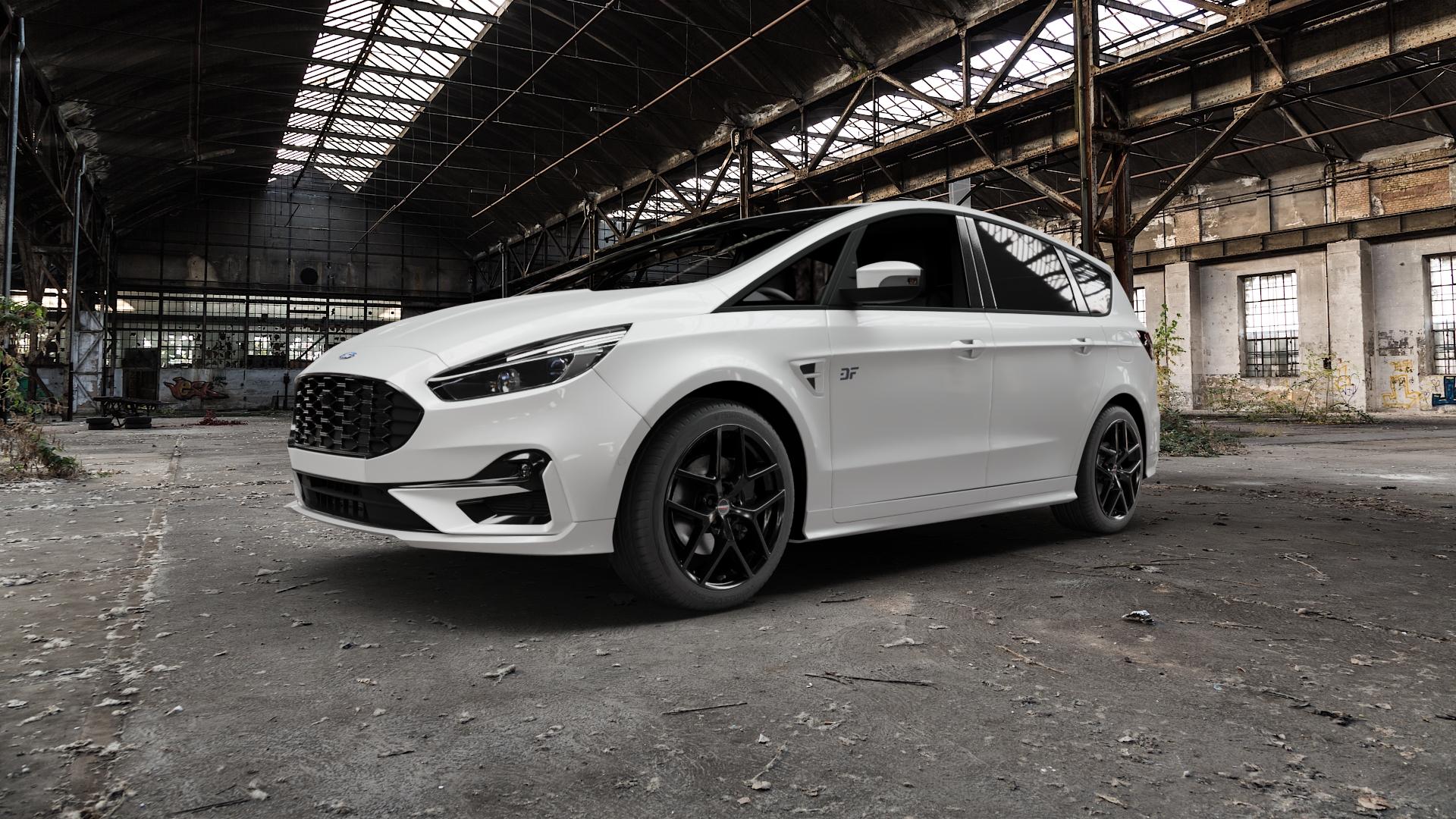 Borbet Y black glossy Felge mit Reifen schwarz in 19Zoll Winterfelge Alufelge auf weissem Ford S-Max Typ WAH6 ⬇️ mit 15mm Tieferlegung ⬇️ Old Industrial Hall_max5000mm_2022 Frontansicht_1