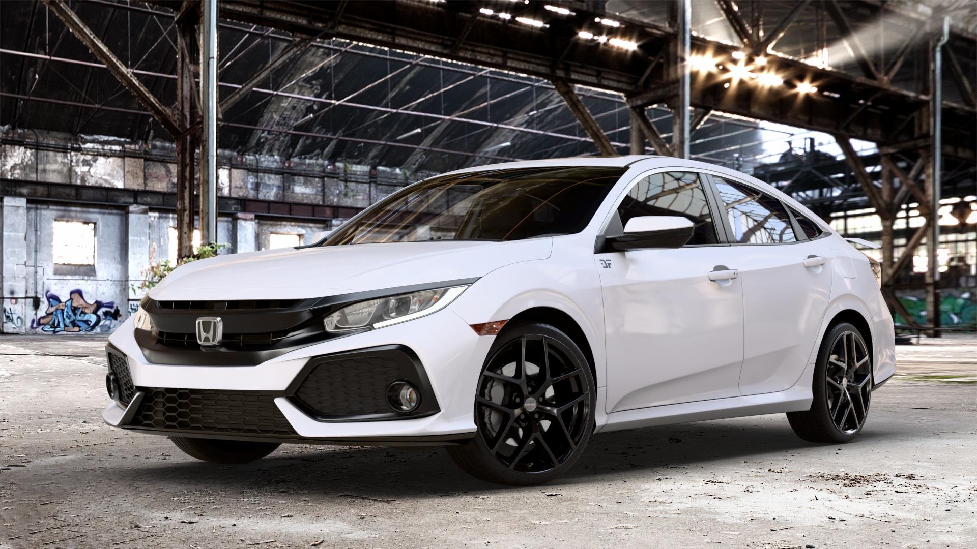 Borbet Y black glossy Felge mit Reifen schwarz in 19Zoll Winterfelge Alufelge auf weissem Honda Civic 10 Stufenheck (FC) ⬇️ mit 15mm Tieferlegung ⬇️ Old Industrial Hall_max_4400mm_2024 Frontansicht_1