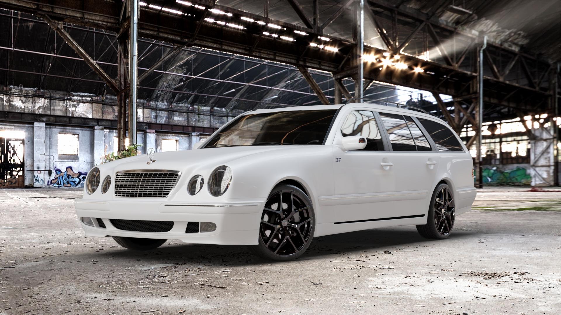 Borbet Y black glossy Felge mit Reifen schwarz in 19Zoll Winterfelge Alufelge auf weissem Mercedes E-Klasse Typ S210 Kombi ⬇️ mit 15mm Tieferlegung ⬇️ Old Industrial Hall_max_5300mm_2024 Frontansicht_1