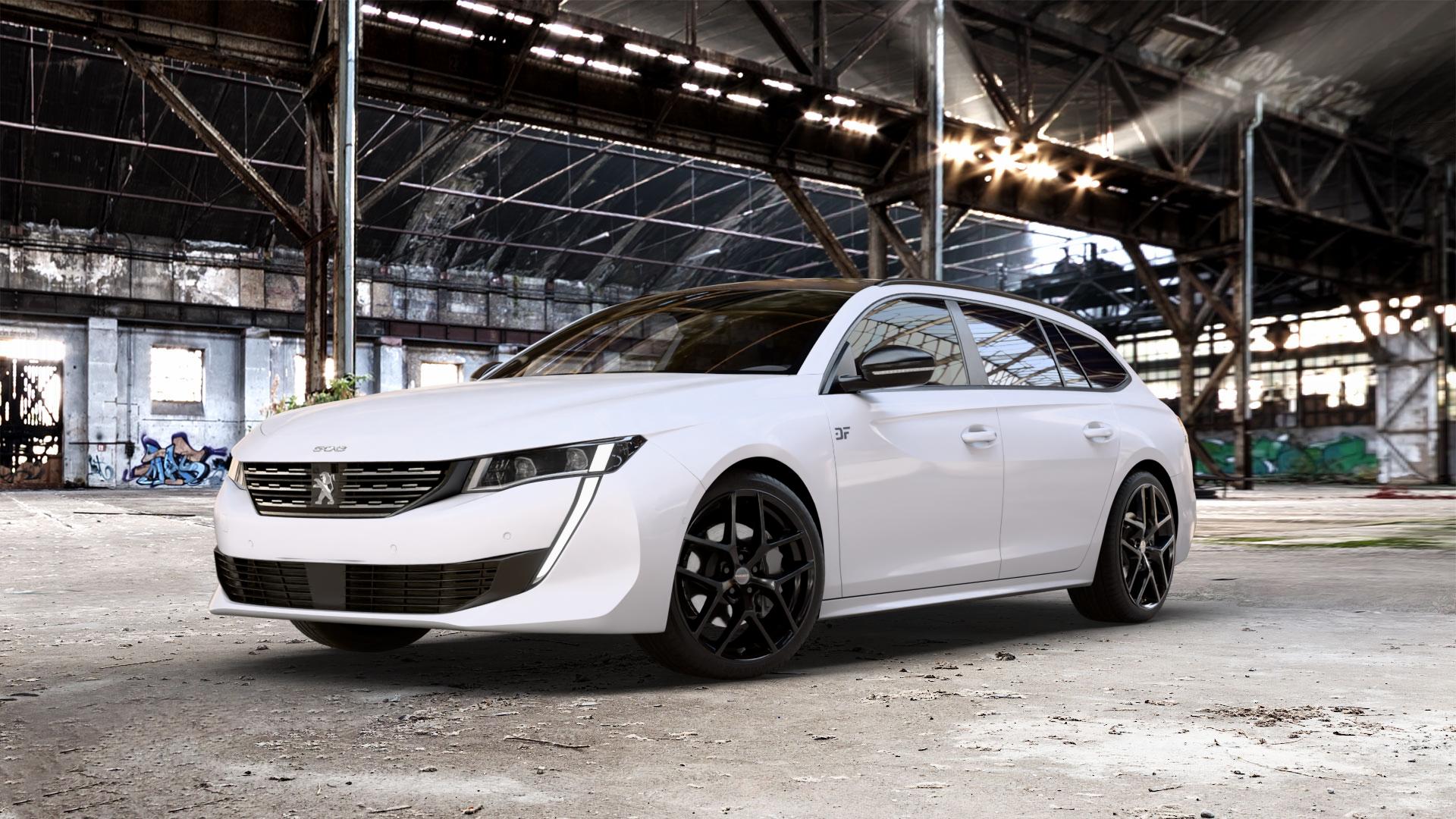 Borbet Y black glossy Felge mit Reifen schwarz in 19Zoll Winterfelge Alufelge auf weissem Peugeot 508 Typ F SW ⬇️ mit 15mm Tieferlegung ⬇️ Old Industrial Hall_max_5300mm_2024 Frontansicht_1