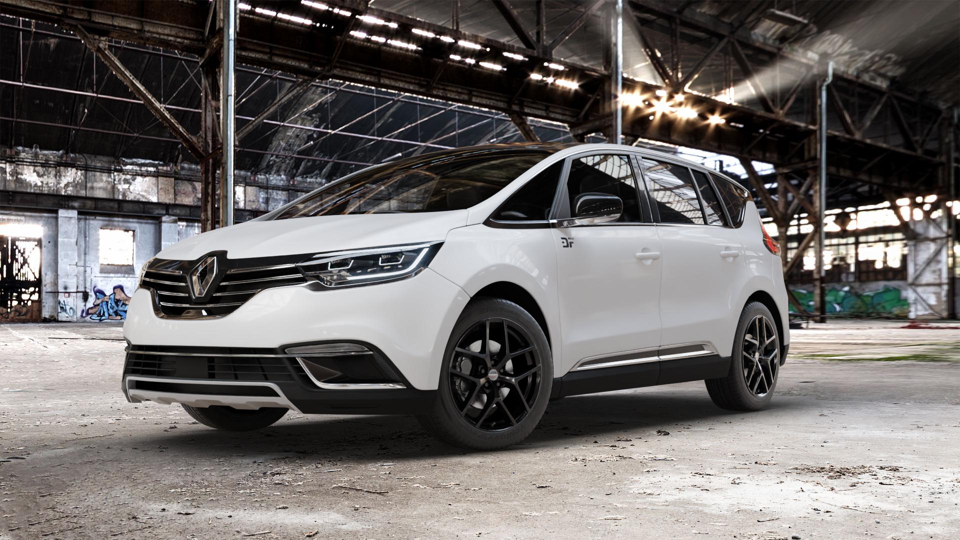 Borbet Y black glossy Felge mit Reifen schwarz in 19Zoll Winterfelge Alufelge auf weissem Renault Espace V Typ RFC Facelift ⬇️ mit 15mm Tieferlegung ⬇️ Old Industrial Hall_max_5300mm_2024 Frontansicht_1