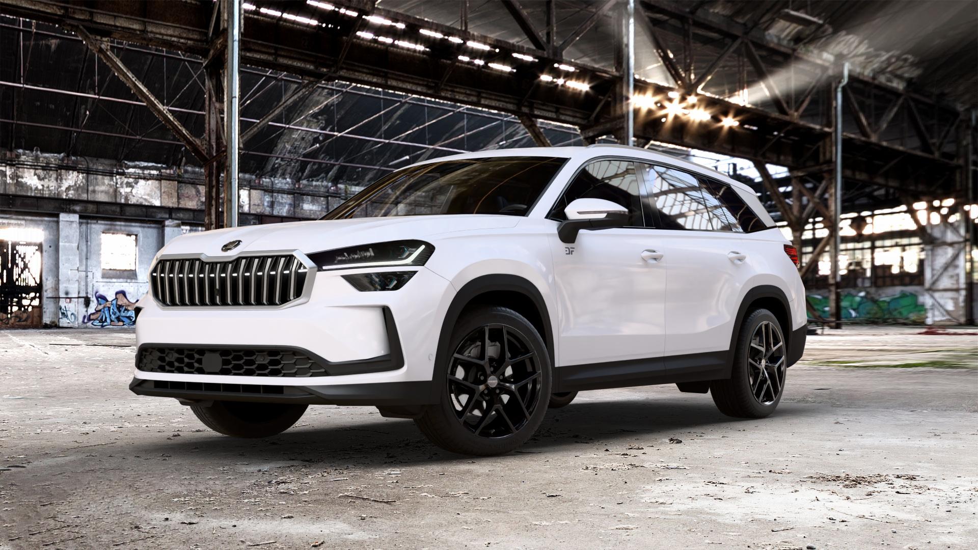 Borbet Y black glossy Felge mit Reifen schwarz in 19Zoll Winterfelge Alufelge auf weissem Skoda Kodiaq Typ PS 1,5l TSI 110kW Hybrid (150 PS) 2,0l TDI 4x4 142kW (193 Mild-Hybrid 150kW (204 ⬇️ mit 15mm Tieferlegung ⬇️ Old Industrial Hall_max_5300mm_2024 Frontansicht_1