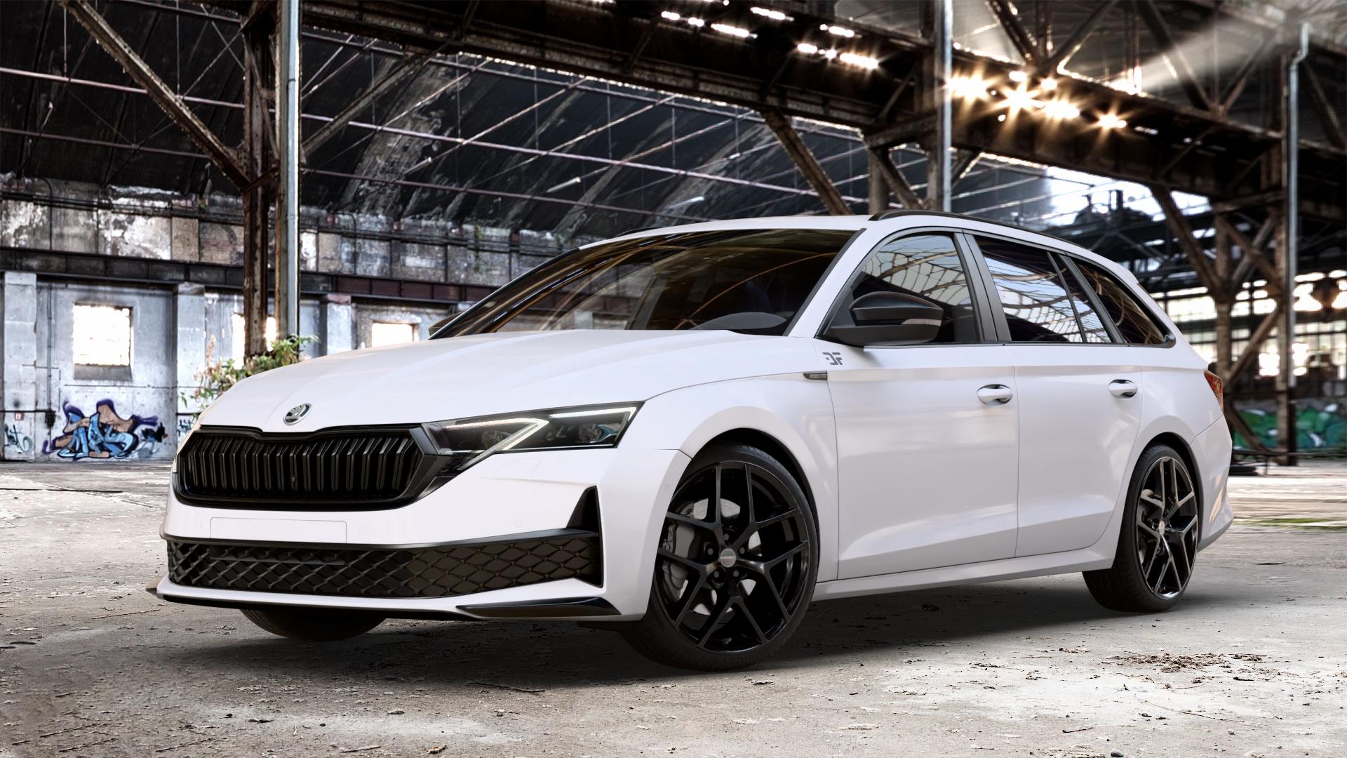 Borbet Y black glossy Felge mit Reifen schwarz in 19Zoll Winterfelge Alufelge auf weissem Skoda Octavia IV Kombi Typ NX Facelift 1,5l TSI 85kW (116 PS) Mild-Hybrid 110kW (150 2,0l TDI ⬇️ mit 15mm Tieferlegung ⬇️ Old Industrial Hall_max_4400mm_2024 Frontansicht_1
