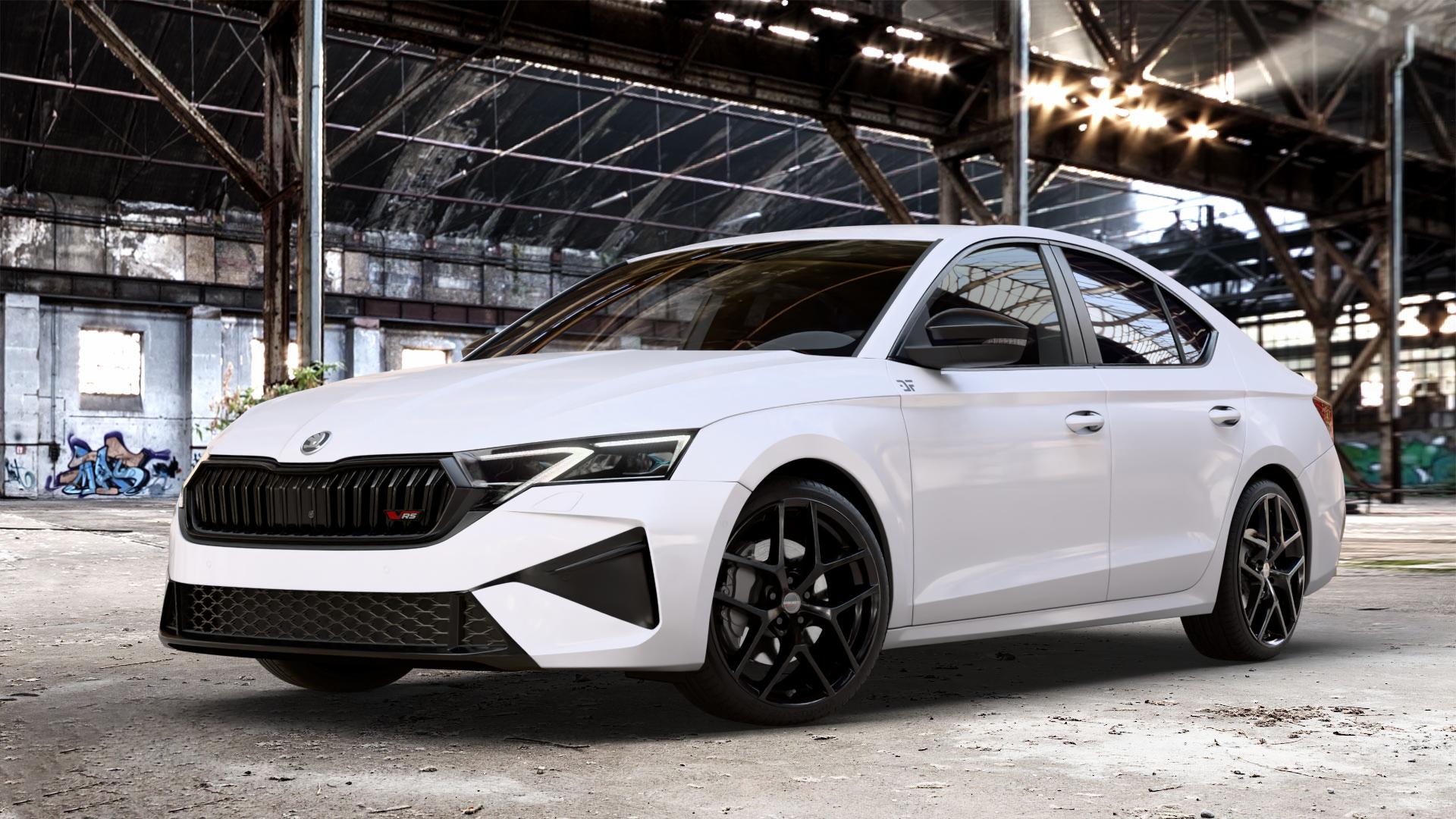Borbet Y black glossy Felge mit Reifen schwarz in 19Zoll Winterfelge Alufelge auf weissem Skoda Octavia IV Limousine Typ NX Facelift 2,0l TSI 195kW RS (265 PS) ⬇️ mit 15mm Tieferlegung ⬇️ Old Industrial Hall_max_4400mm_2024 Frontansicht_1